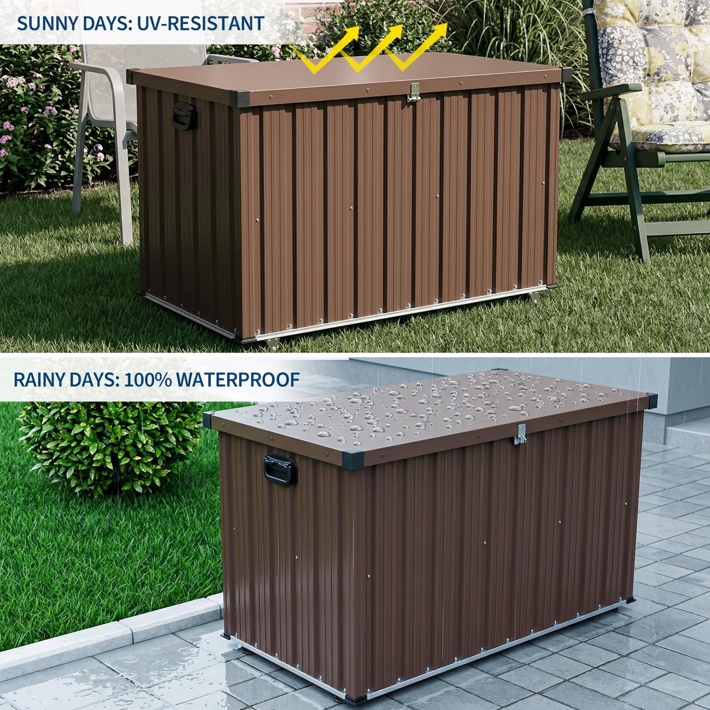 160 Gallon Outdoor Metal Storage Box, Waterproof Steel Deck Box with Lockable Soft-Close Lid, Dual Gas Struts, Wheels, Handles, Large Patio Cushion Tool Pool Storage, Brown,53.15"L x 27.76"W x 29.92"H