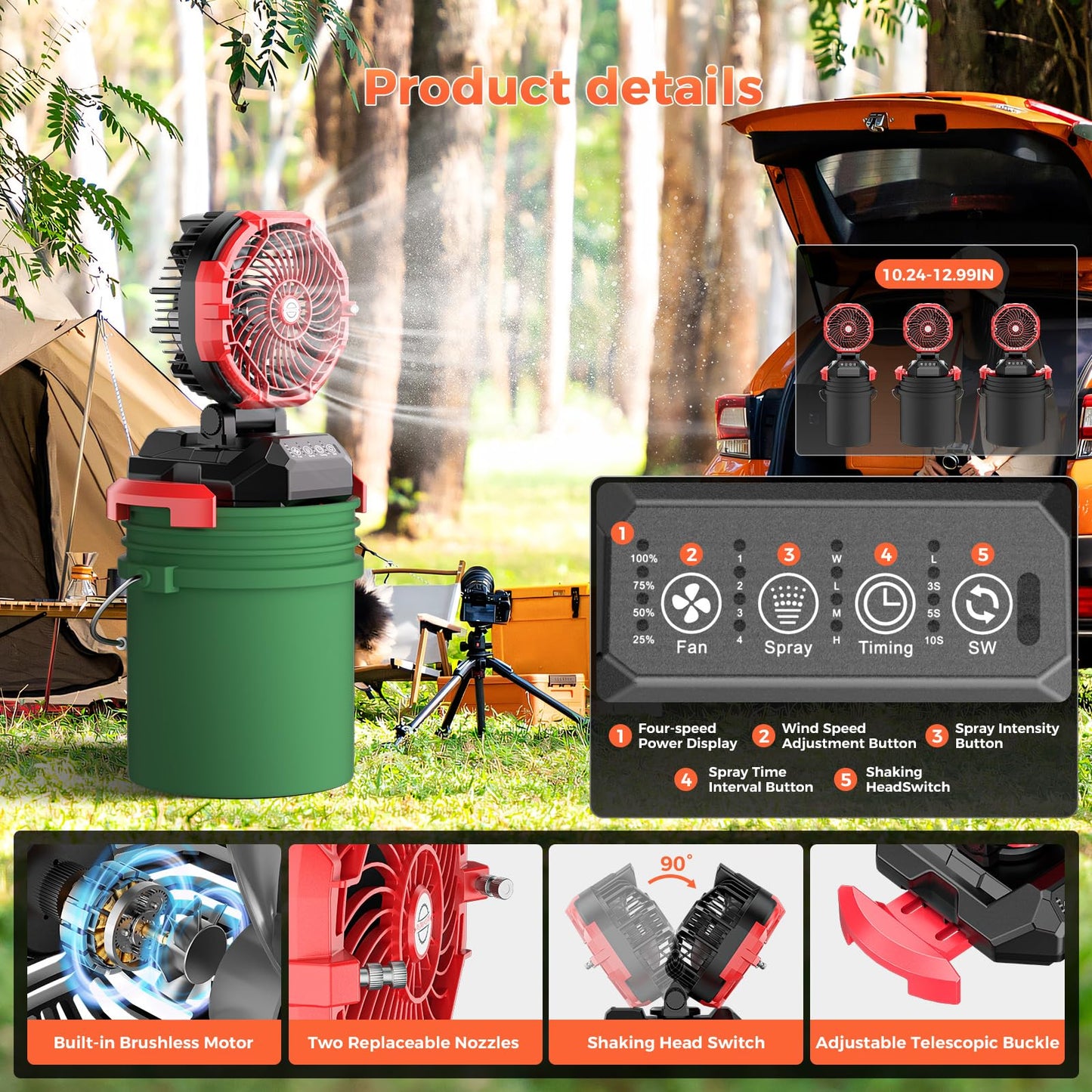 Portable Misting Fan, 30000mAh Rechargeable Battery Powered Floor Cooling Fan with 4 Strong Winds, 4 Spray Mister, Adjustable Base for 10-13in Bucket for Camping, Beach, Patio (No Bucket)- Red