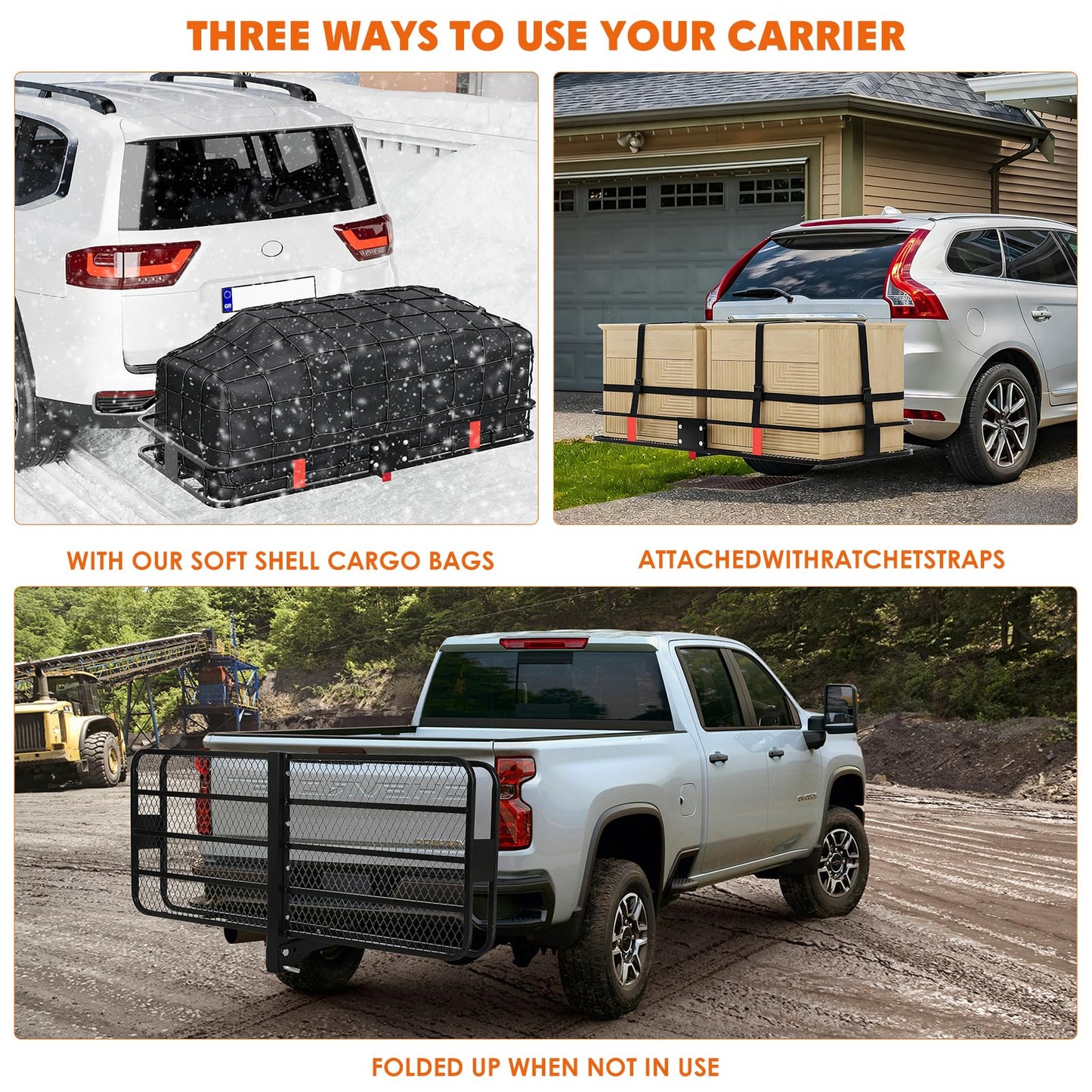 Garvee Folding Hitch Mount Cargo Carrier Basket 60" x 20" x 6", Hauling Weight Capacity of 500 Lbs with Folding Arm, Hitch Stabilizer, Cargo Net and Ratchet Straps