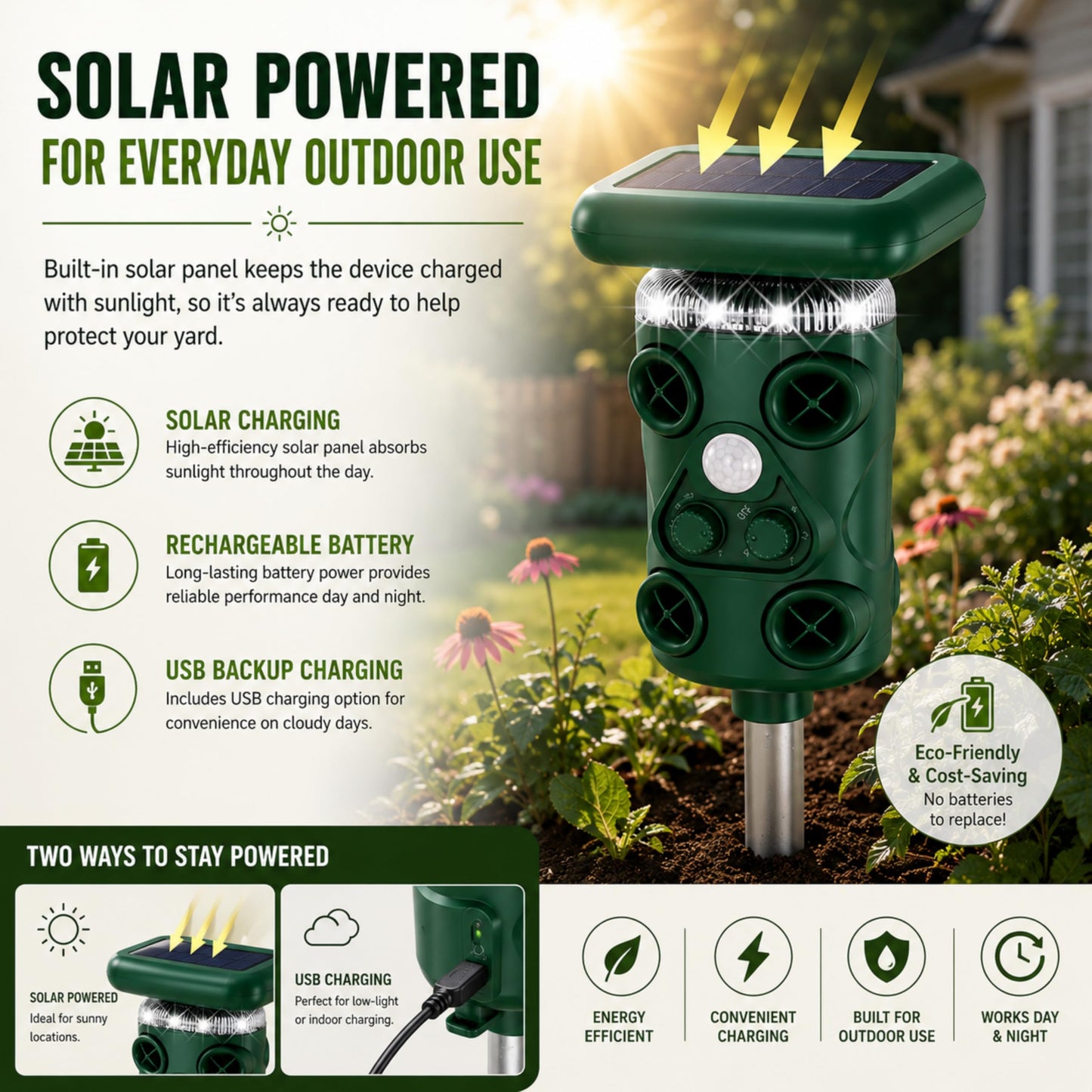 Solar Ultrasonic Deer Repellent Device – Animal & Raccoon Repellent Outdoor with Motion Sensor Flashing LED, IP54 Waterproof Wildlife Deterrent, 13.5–45.5KHz Dual Chip Pest Repeller 4PK