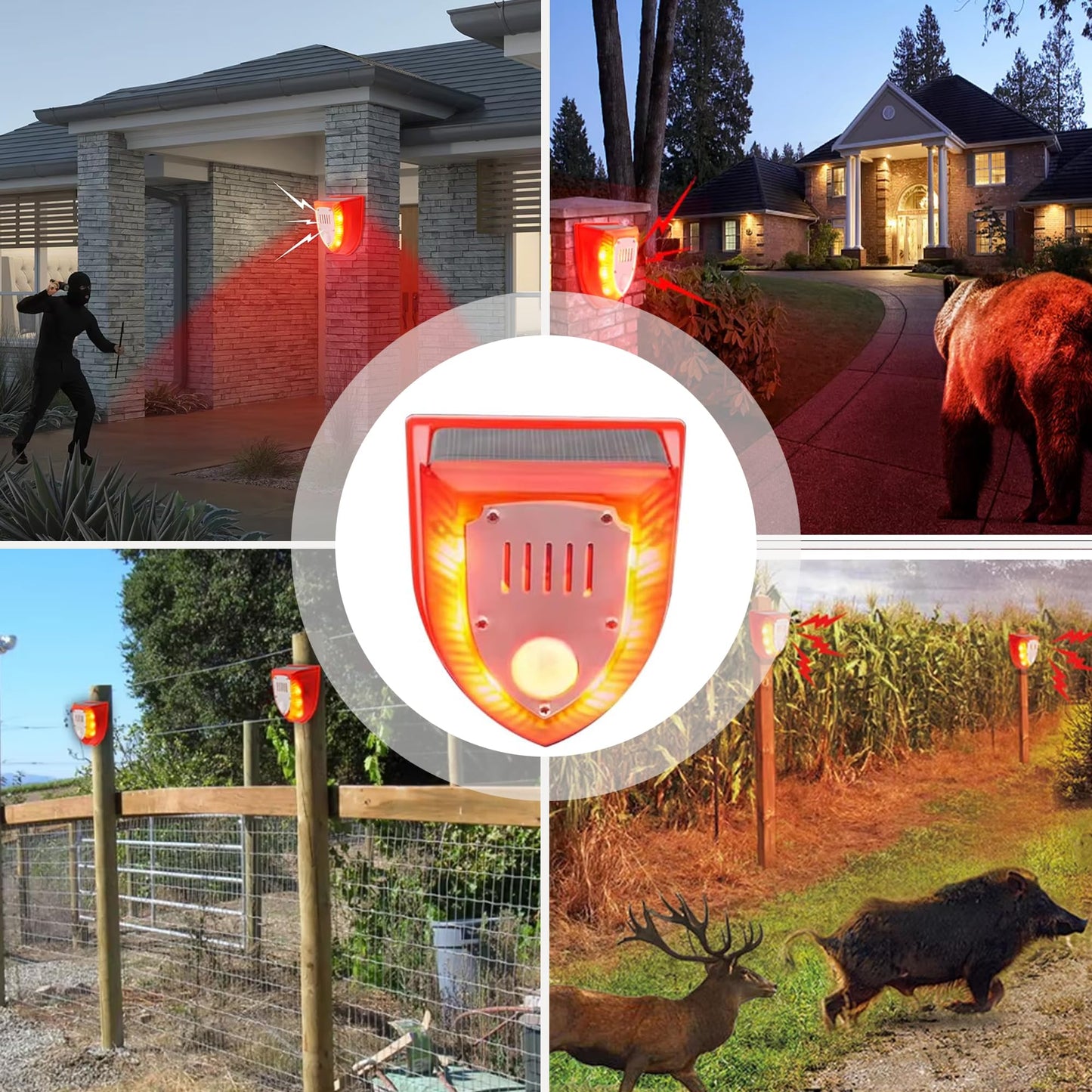 QXMH Solar Outdoor Motion Sensor Alarm: 129db Dog Barking & Gunshot Sound,Loud Motion Detector Noise Maker,Barking Dog Alarm Strobe Light Warning Lamp for Home Yard Barn