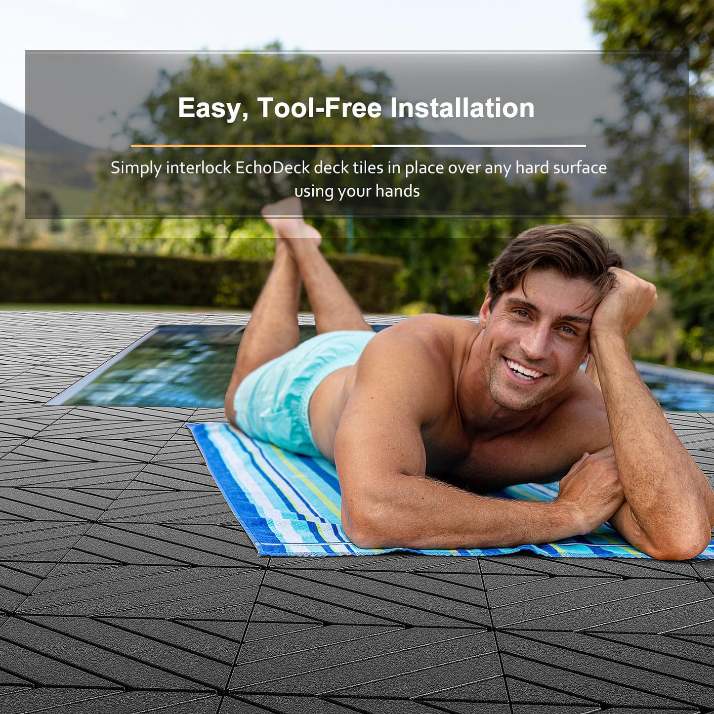 EchoDeck Interlocking Deck Tiles,44 Pack Patio Tiles Outdoor Interlocking All Weather,Patio Deck Tiles,12"x12",Diagonal,Sturdy Base,Highly Durable,Stylish,Non-Slip,Faster-Drying,Efficient,Dark Grey