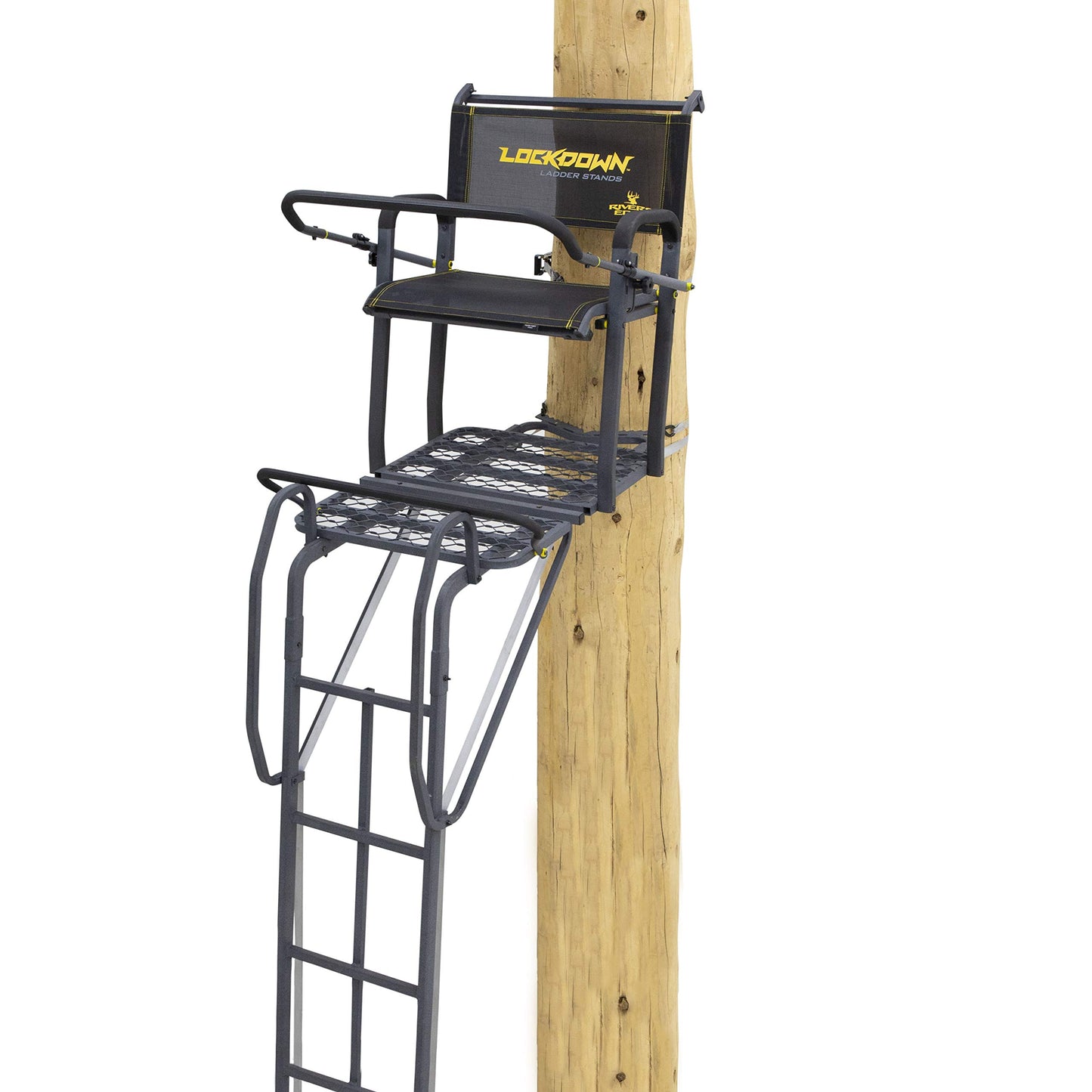 Rivers Edge® Lockdown™ 21' Wide, Towering 21' Height, Flip-Up TearTuff™ Mesh Seat, The Ultimate Shooting Rail™, Patent-Pending Ground-Level Ratcheting Technology™, LD200