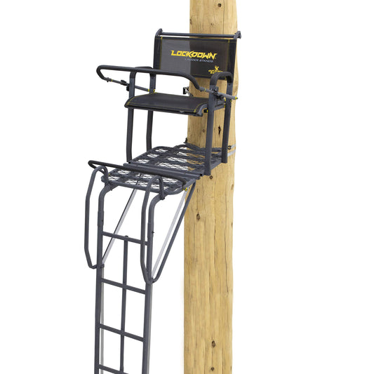 Rivers Edge® Lockdown™ 21' Wide, Towering 21' Height, Flip-Up TearTuff™ Mesh Seat, The Ultimate Shooting Rail™, Patent-Pending Ground-Level Ratcheting Technology™, LD200