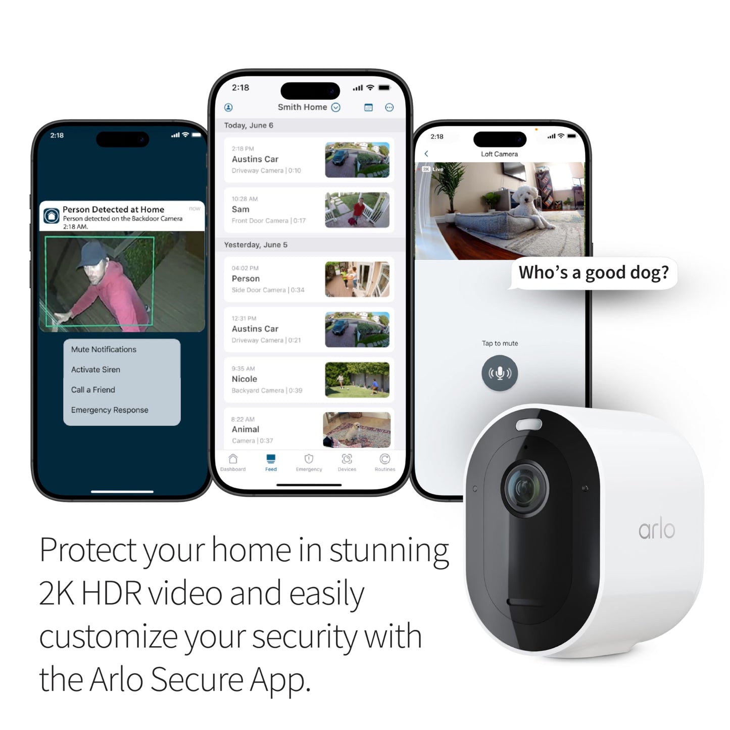 Arlo Pro Security Camera 2K HDR 5th Gen - Wireless Outdoor Camera, Rechargeable Removeable Battery, Event Captions, Emergency Response, 1-Month Trial of Secure Plan, 3 Cam, White