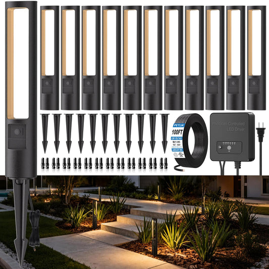 PETLIK All-in-One Low Voltage Landscape Lighting Kit, 12-Pack Pathway Lights with Transformer Dusk to Dawn Outdoor Lighting 5CCT, IP66 Waterproof Landscape Lights with Connectors for Patio