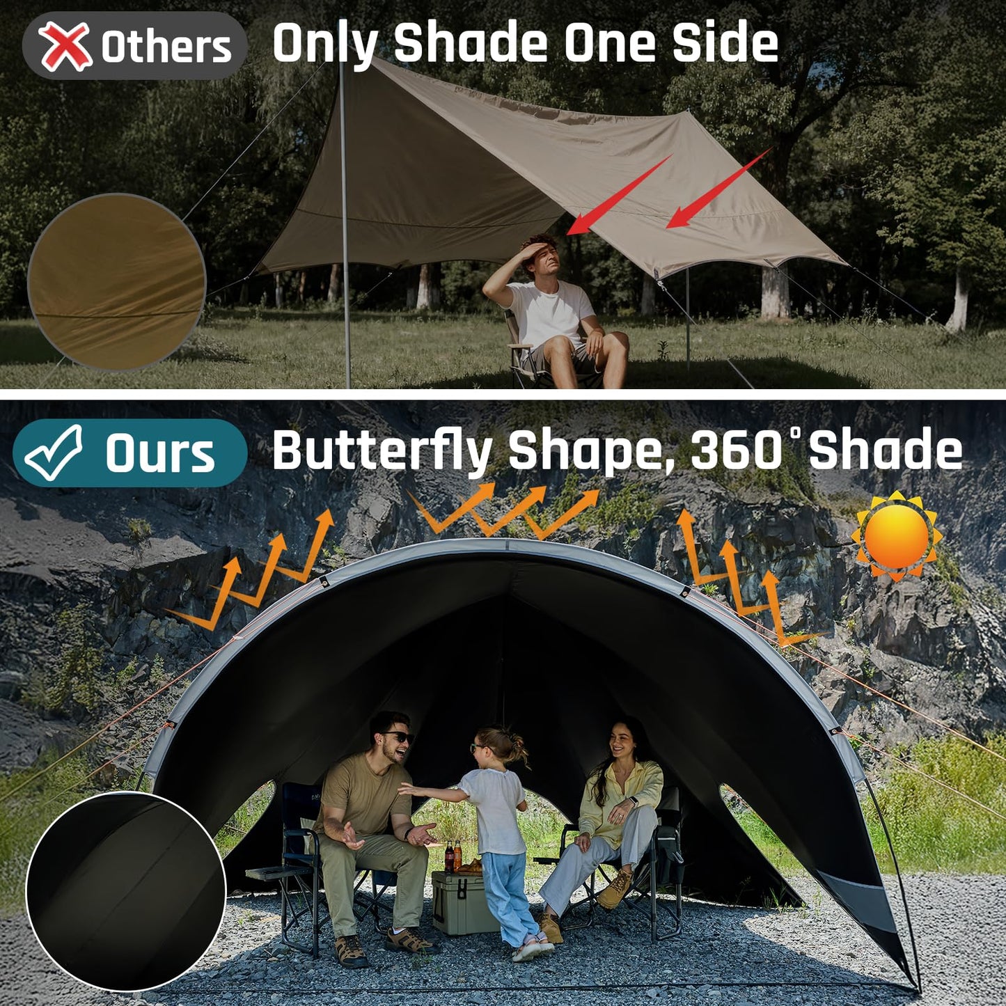 Blackout Camping Canopy Waterproof Tent Tarp with Poles Sun Shade Shelter for Outdoor Camping Backyard Picnic, Included Guy Lines & Luminous Tent Stakes, Gray