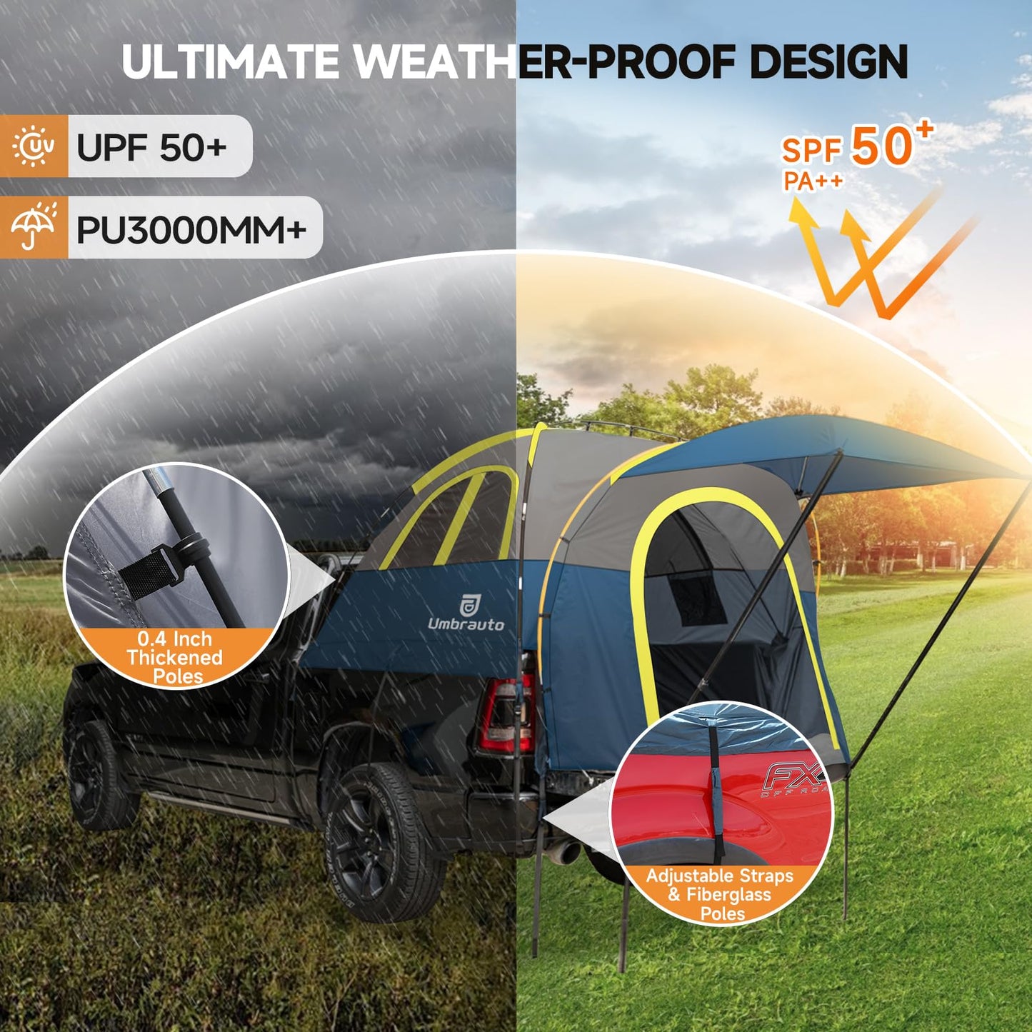 Umbrauto Truck Bed Tent with Awning: 6.4-6.7FT PU3000mm Waterproof Tailgate Pickup Truck Tents, Easy Set-up for 2 Person, Fits Full Size Short Bed, Chevy, Dodge, Ford, GMC, Blue