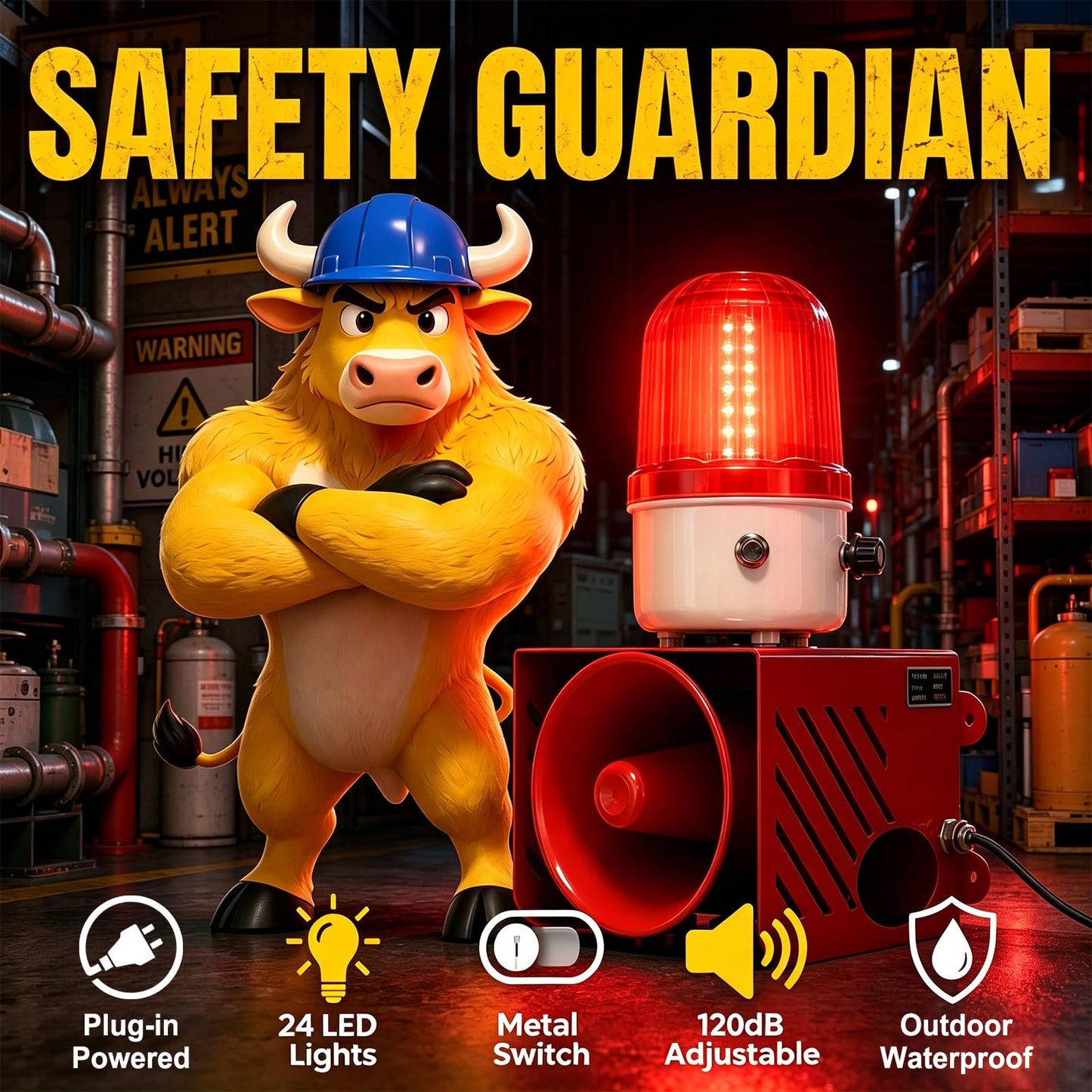AC110V 120dB Industrial Siren Alarm Strobe Light Waterproof Red Warning Beacon Adjustable Volume Plug-in Manual Control for Indoor Outdoor Security,Factory,Garage (AC110V Red)