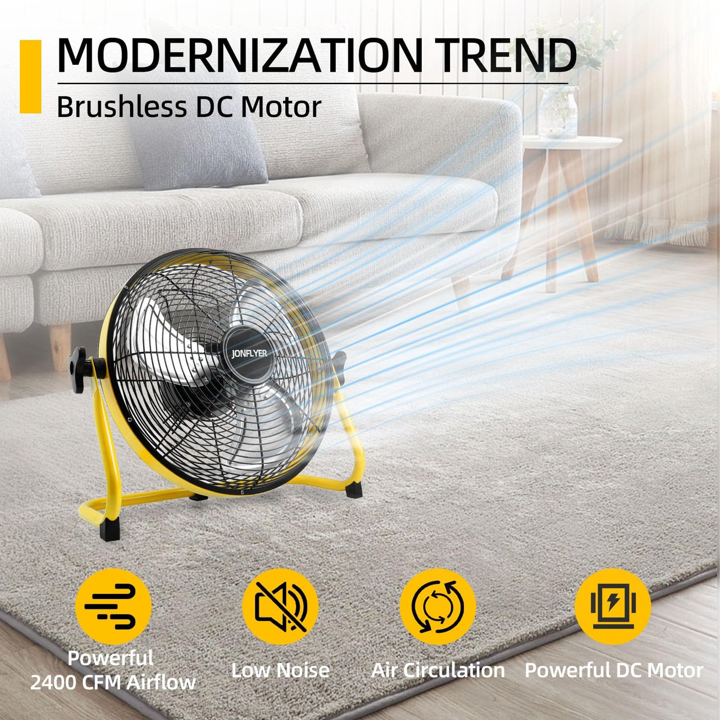 JONFLYER 12 Inch Portable Battery Operated Floor Fan, Rechargeable High-Velocity Cordless Fan with 12 Speed 360° Adjustable Tilt Quiet for Camping, Outdoor, Gazebo, Greenhouse, Gym, Garage