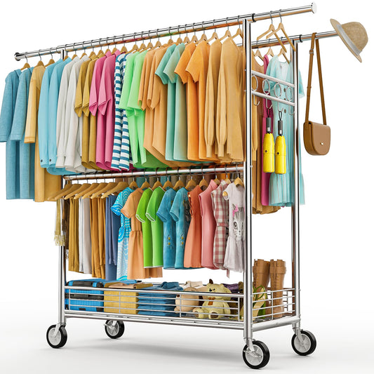 Heavy Duty Clothes Rack Load 960LBS, Three Rods Rolling Clothing Racks for Hanging Clothes, Rolling Garment Rack With Sturdy Wheels Shelves Hooks, Portable & Adjustable Commercial Garment Rack, Silver