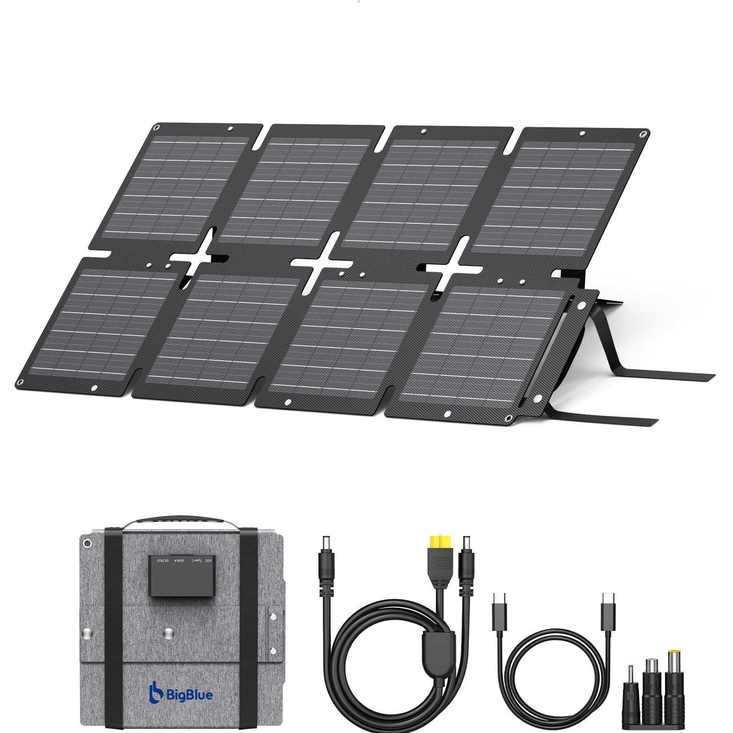 BigBlue 60W Portable Solar Panels with PD 45W USB-C, 20W USB-A, DC Port for Power Station, Phone, Power Bank, Tablet, IP68 Waterproof Foldable Solar Charger with Kickstand for Camping, RV, Emergency