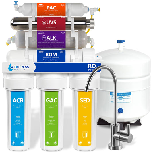 Express Water ROALKUV10M 11-Stage Alkaline Under Sink Reverse Osmosis Water Filter System, UV Filter, NSF Certified 372, 100 GPD, Deluxe Chrome Faucet