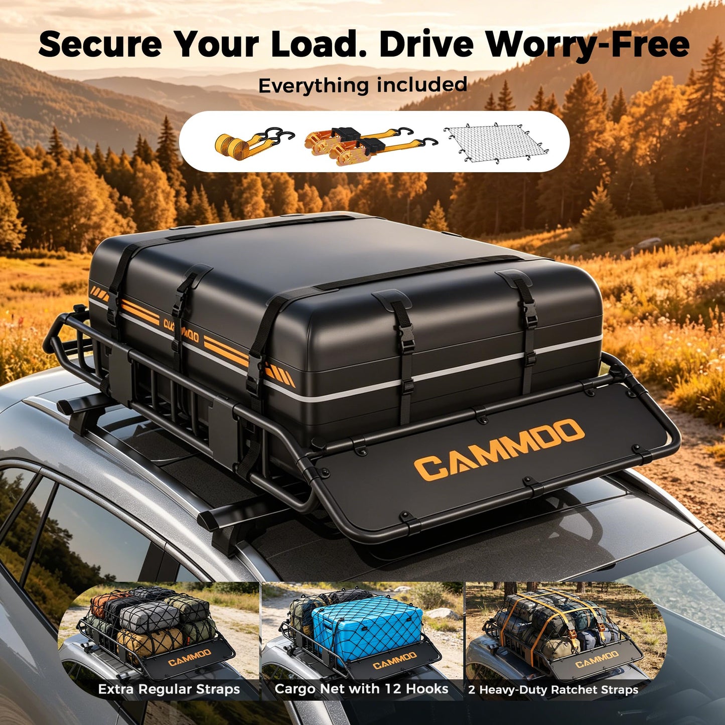 CAMMOO 54"x34" Roof Rack Basket, Removable Fairing & Support Bars for Kayaks/Long Gear, 15 Cu.Ft Waterproof Soft Bag+Lock+Net+Strap–200Lbs Capacity Rooftop Cargo Carrier for SUV Truck Camping