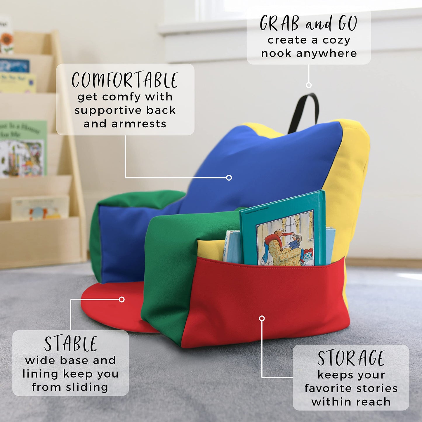 FDP SoftScape Relax-N-Read Bean Bag Chair with Supportive Back Rest and Storage Pockets, Flexible, Portable, Alternative Seating for Toddlers, Preschoolers, and Kids - Assorted, 10475-AS