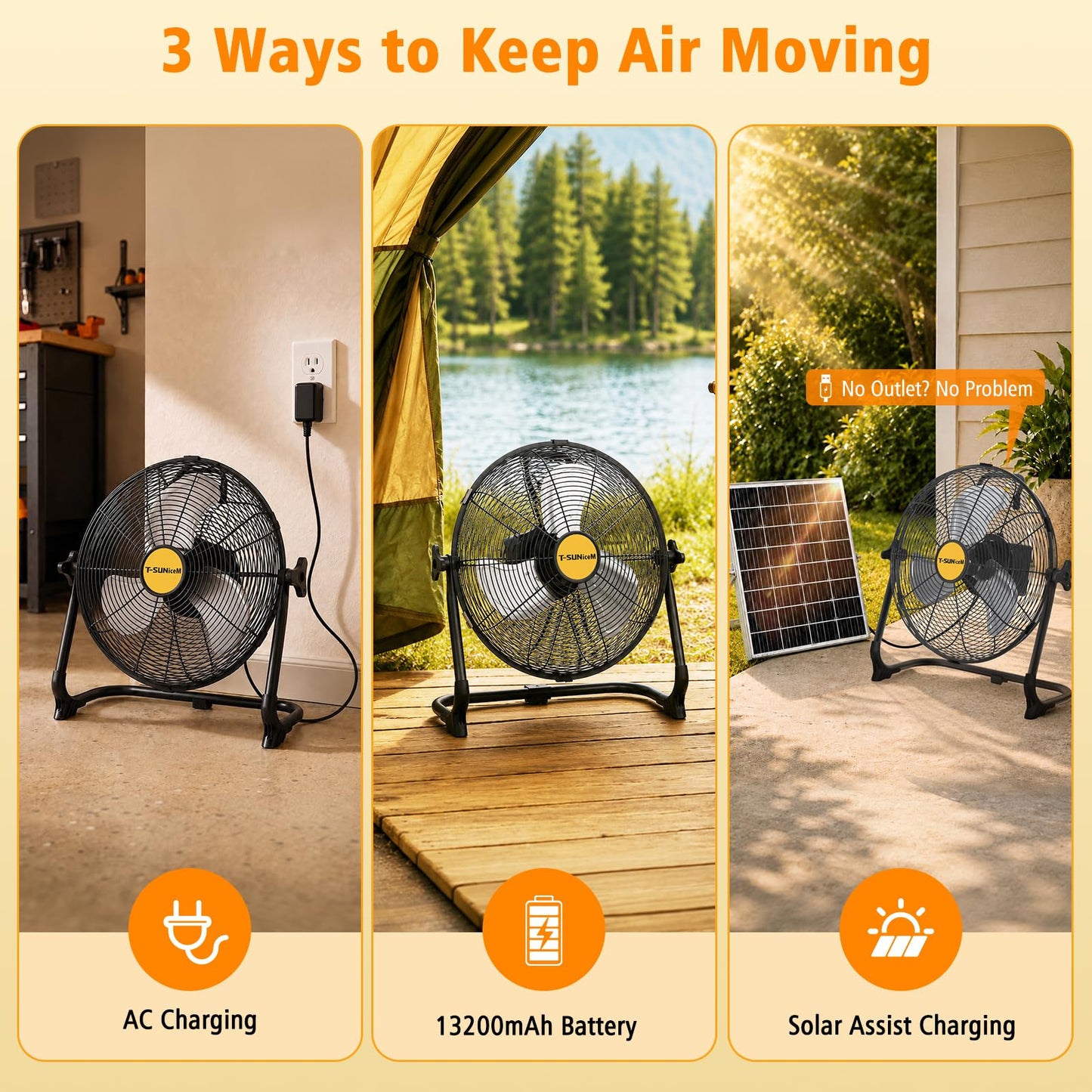 T-SUNiceM 12" Solar Powered Fan for Tent Camping, RV Trips & Patio, Rechargeable Cordless Floor Fan with Solar Panel, USB Output for Bedside Backup, Porch, Greenhouse, Chicken Coop