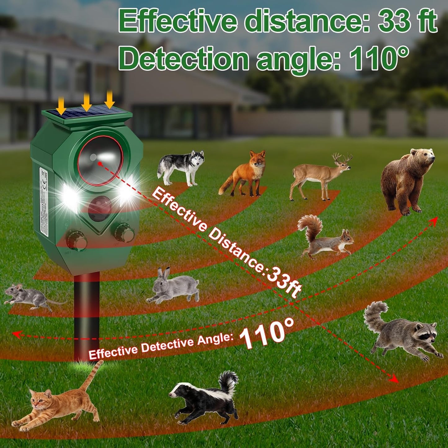 Ultrasonic Animal Repeller Outdoor - Cat Repellent & Deterrent with PIR Sensor & Flashing Light,Solar Powered Deer Repellent for Squirrel,Raccoon,Skunk,Rabbit,and Dogs,IP65 Waterproof （4 Pack）