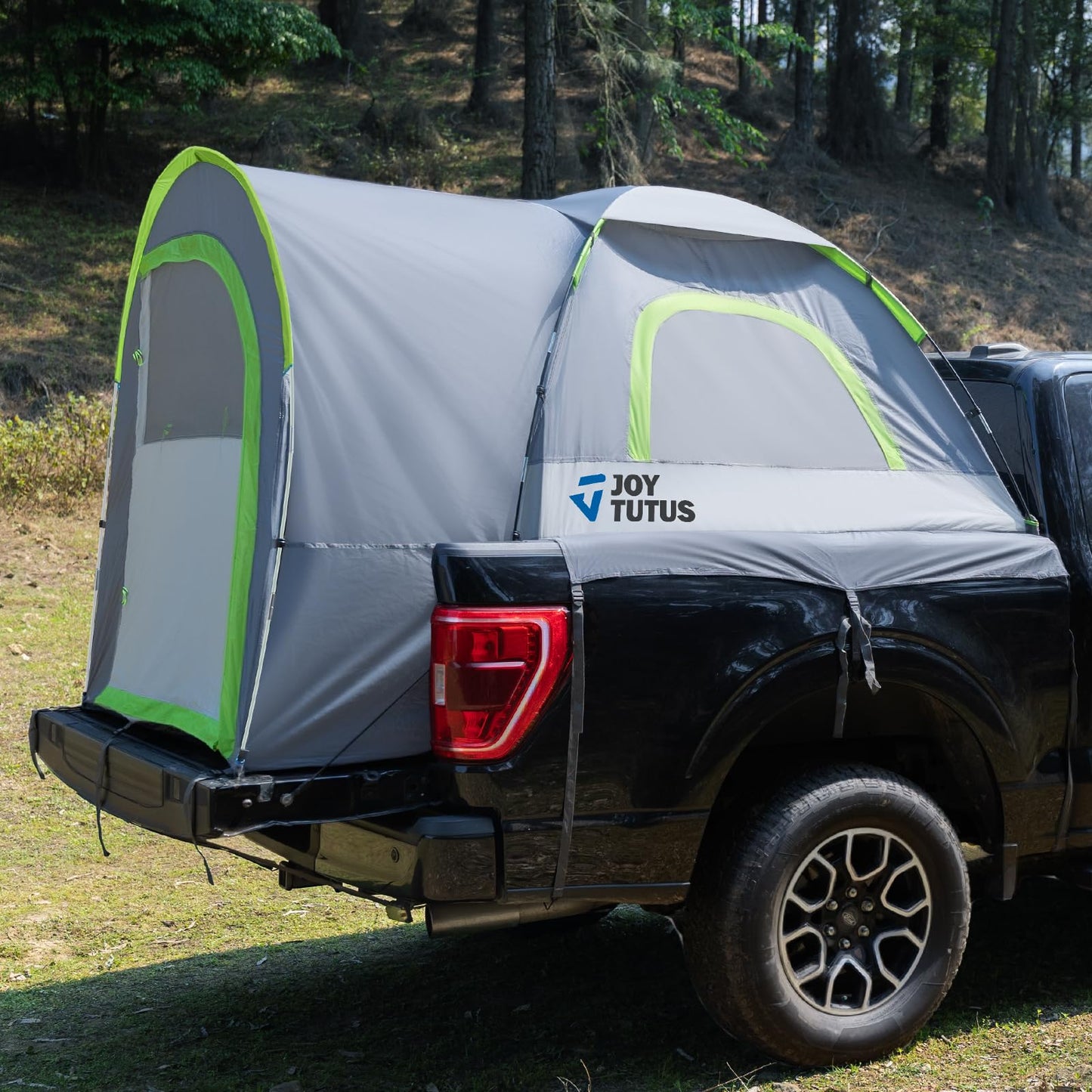 JOYTUTUS Truck Tent with Rainfly 8.0Ft, Straight Spacious Truck Bed Tent with Sky View Mesh, Waterproof PU2000mm Double Layer for 2 Person, Gray Green