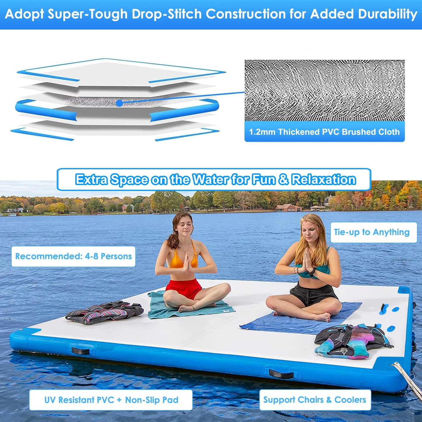 GZKYYLEGS Inflatable Floating Dock Series, 10 ft x 6 ft Stable Platform Raft for Beach Lake Pool, Up to 10 People Rafting and Recreation, Pump Bag Handles D-Rings
