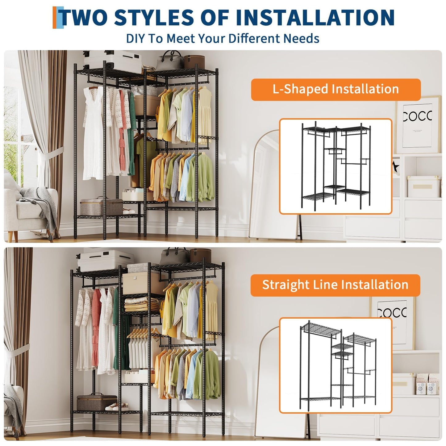 GarveeHome Heavy Duty Metal Clothes Rack – Adjustable Shelves, Freestanding Portable Wardrobe Organizer, Commercial Closet System for Garment Storage, Max Load 1210 LBS, Black – 86.2 x 17.3 x 76.4