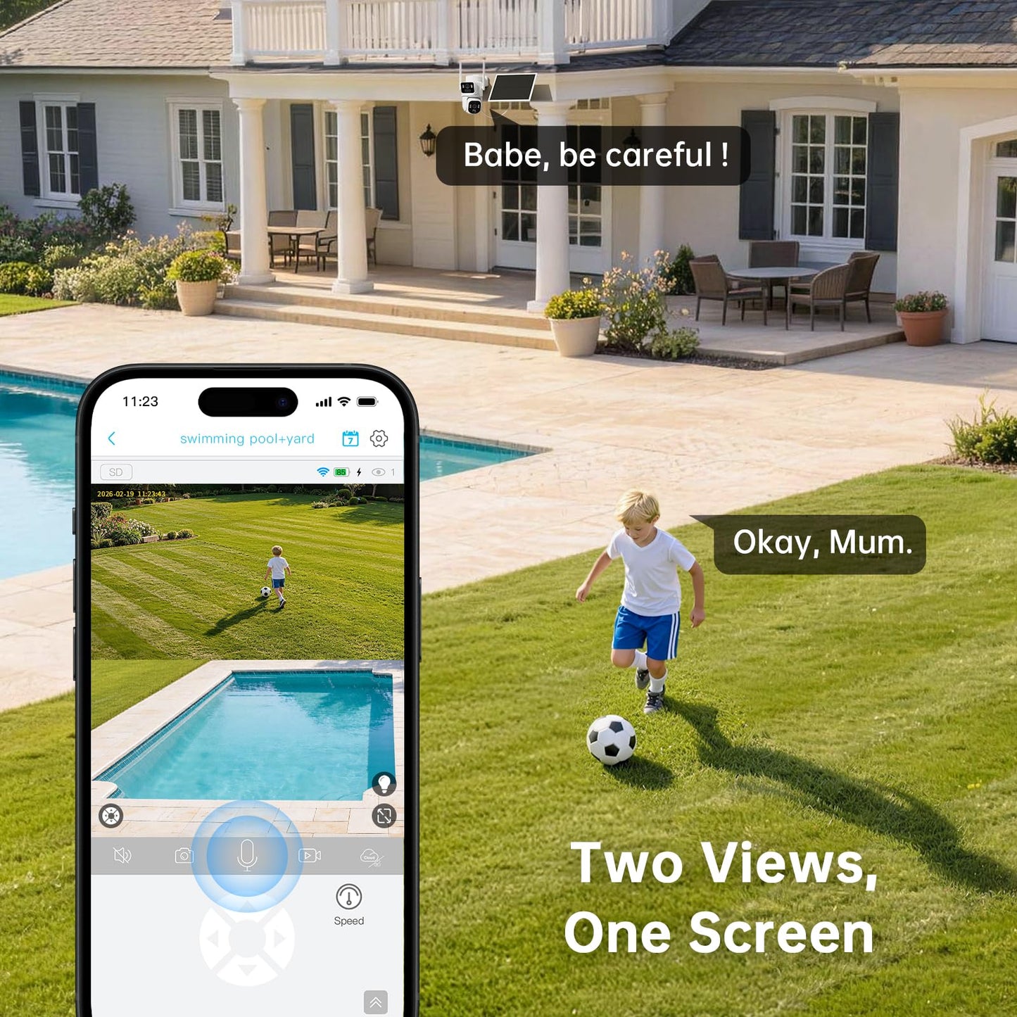 SEHMUA Dual Lens Solar Security Cameras Wireless Outdoor, 2K+2K Dual Views Outdoor Camera Wireless, Color Night Vision, PIR Motion Alerts, 2.4GHz WiFi, IP65, Optional Storage