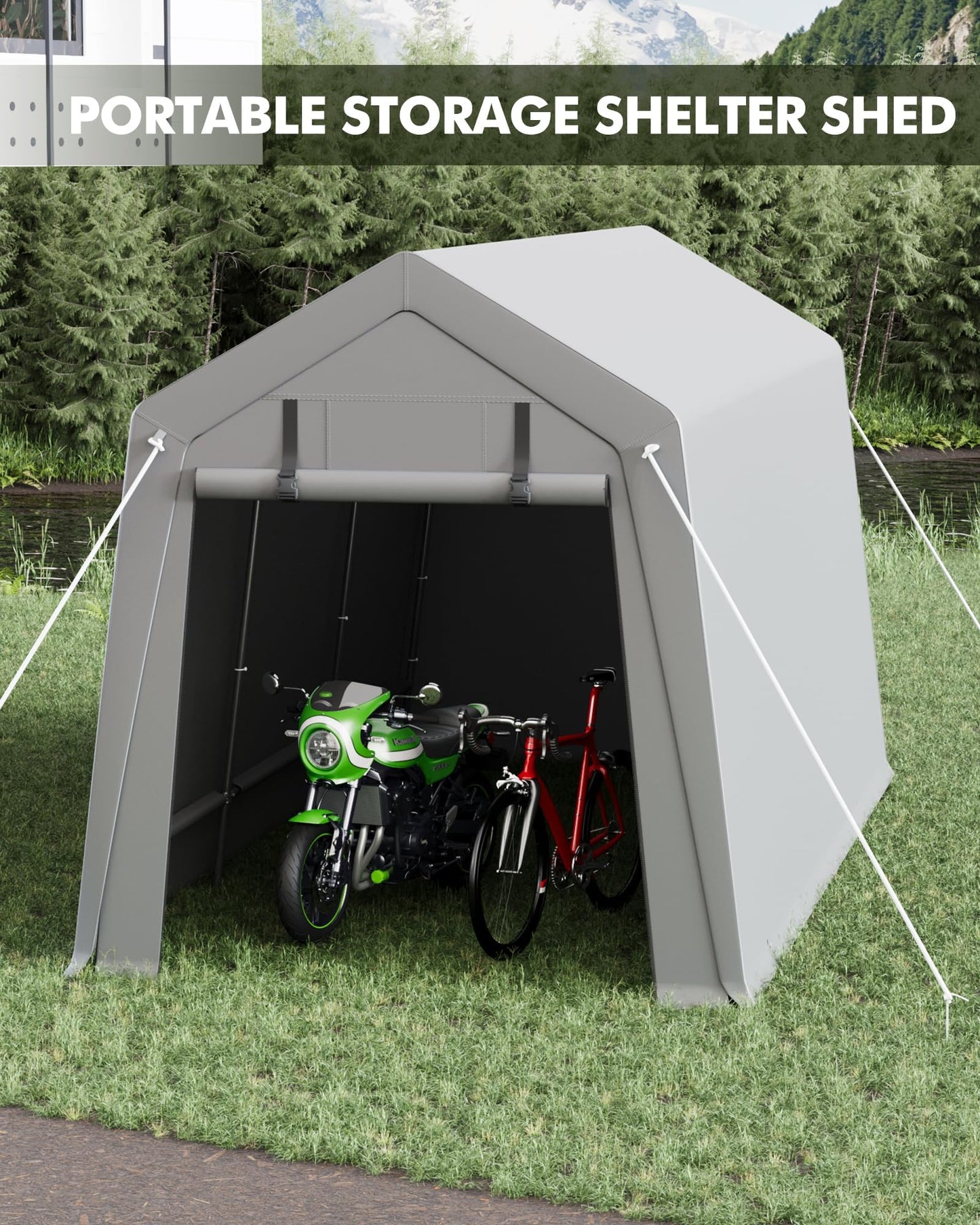 Heavy Duty 7x15 FT Portable Carport Shed, Waterproof Motorcycle Shelter & Storage, Roll-Up Door, Ventilated, Tool-Free Setup, Galvanized Steel, Secure Outdoor Garage for Bikes, Firewood, Tools
