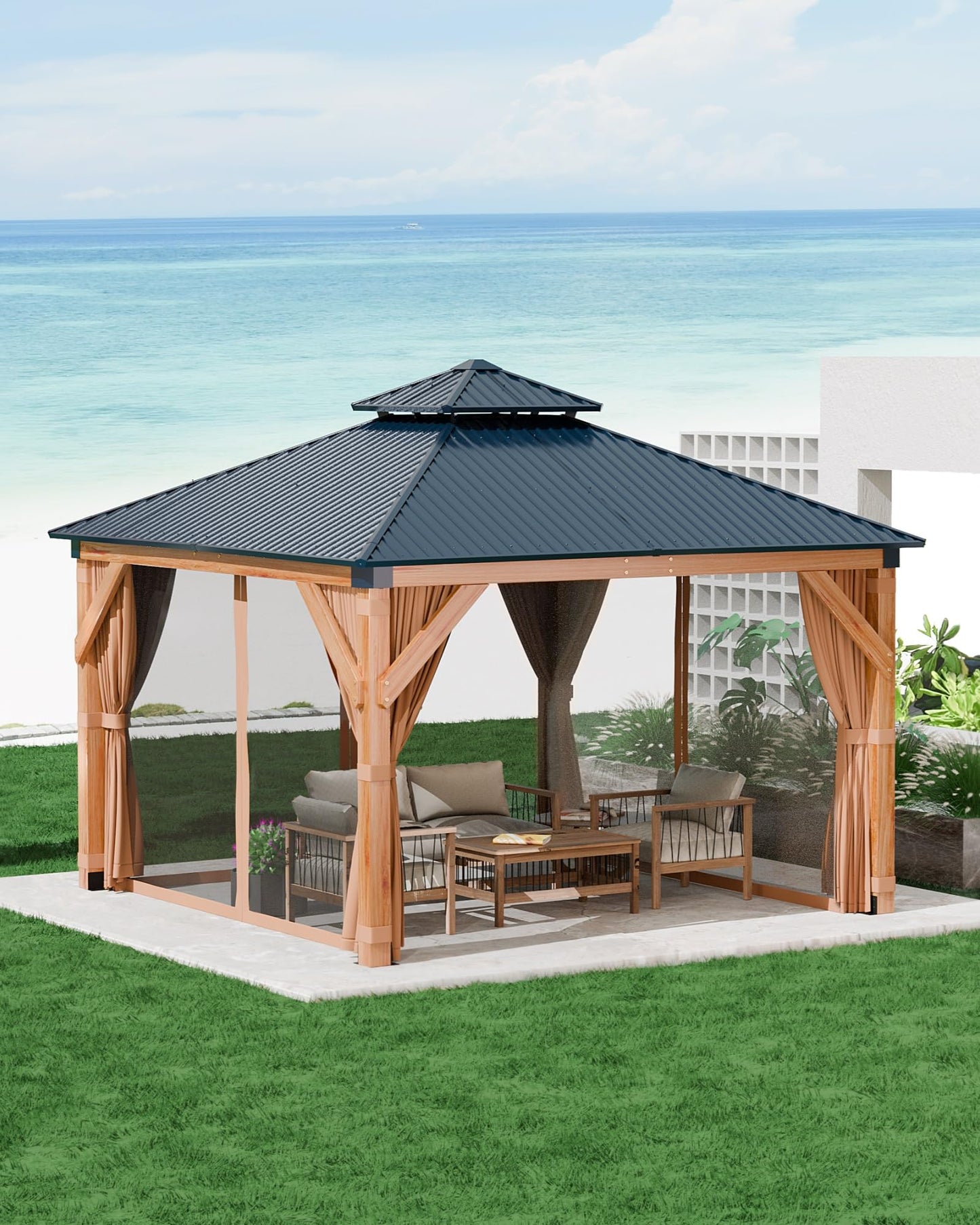 GarveeLife Hard top Wood Gazebo 10 ft x10 ft for All Weather, with Double Metal Roof, Heavy Duty Wooden Frame, Net, and Curtain, Permanent Building for Patio, Deck, Backyard, Lawn, and Garden, Khaki