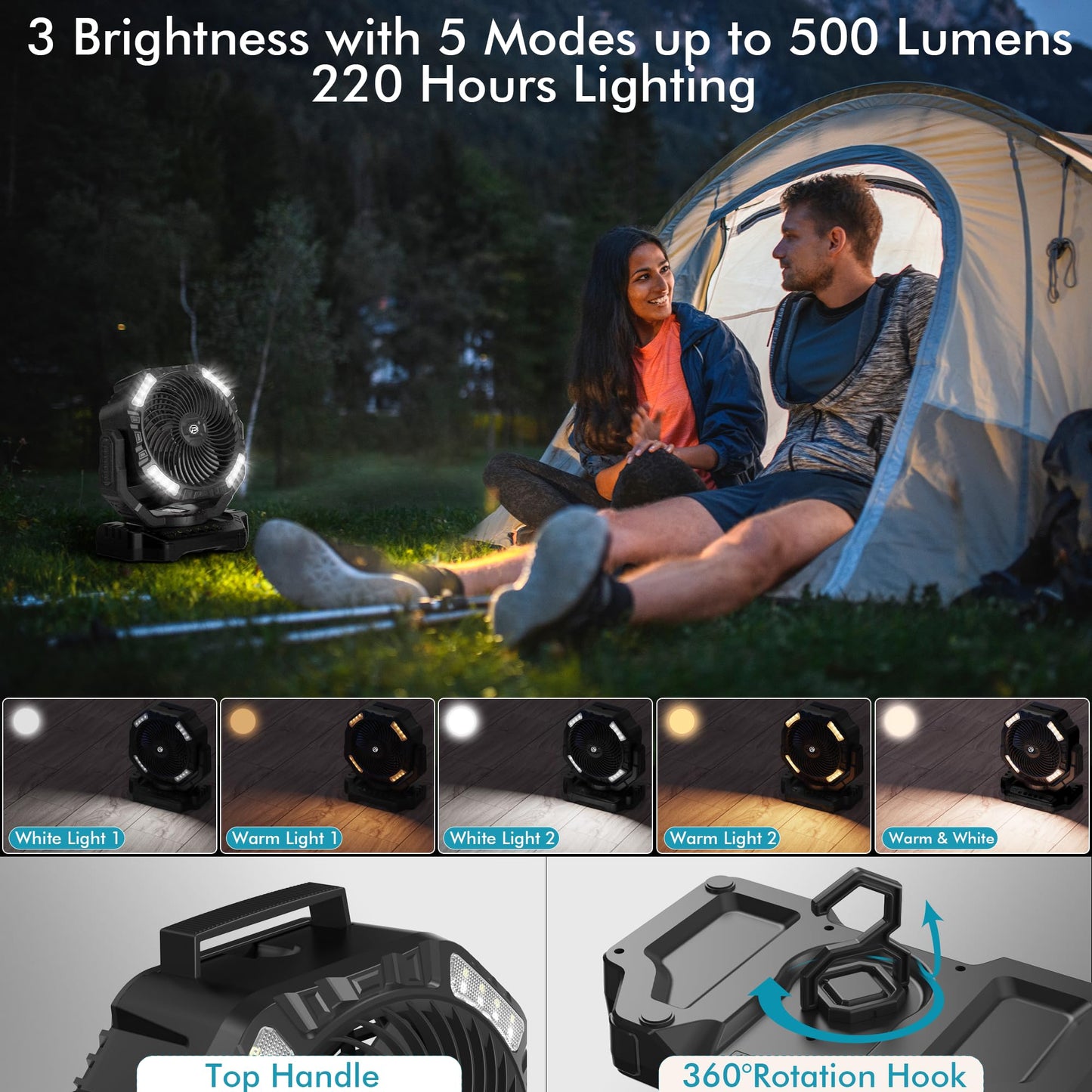 AddAcc 40000mAh Battery Operated Camping Fan & Portable Rechargeable Desk/Camping Fan with Light and Hook
