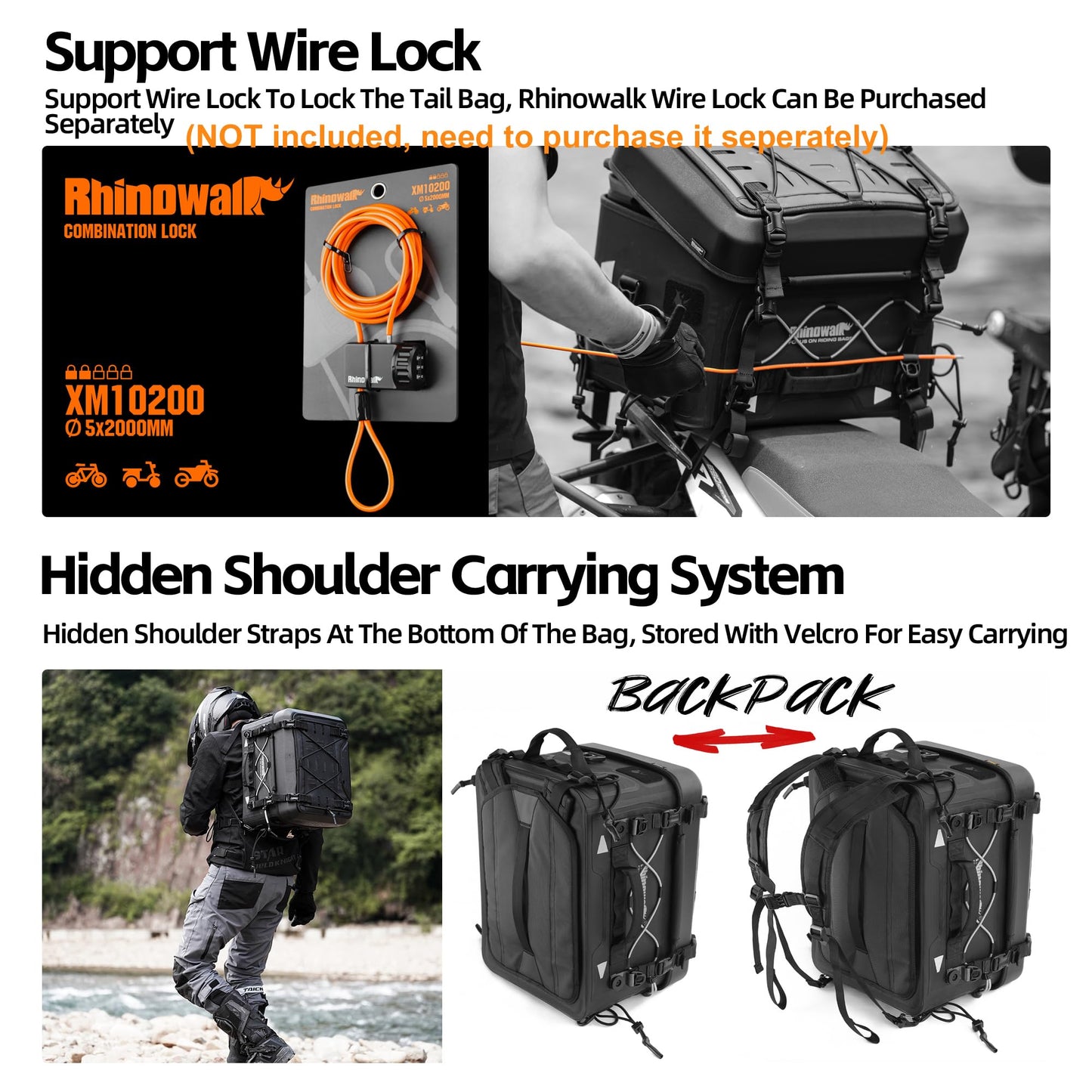 Rhinowalk Motorcycle Tail Bag 36L Hard Shell Top Case Waterproof Rear Pack with Expandable Capacity and MOLLE System (MFT2305)