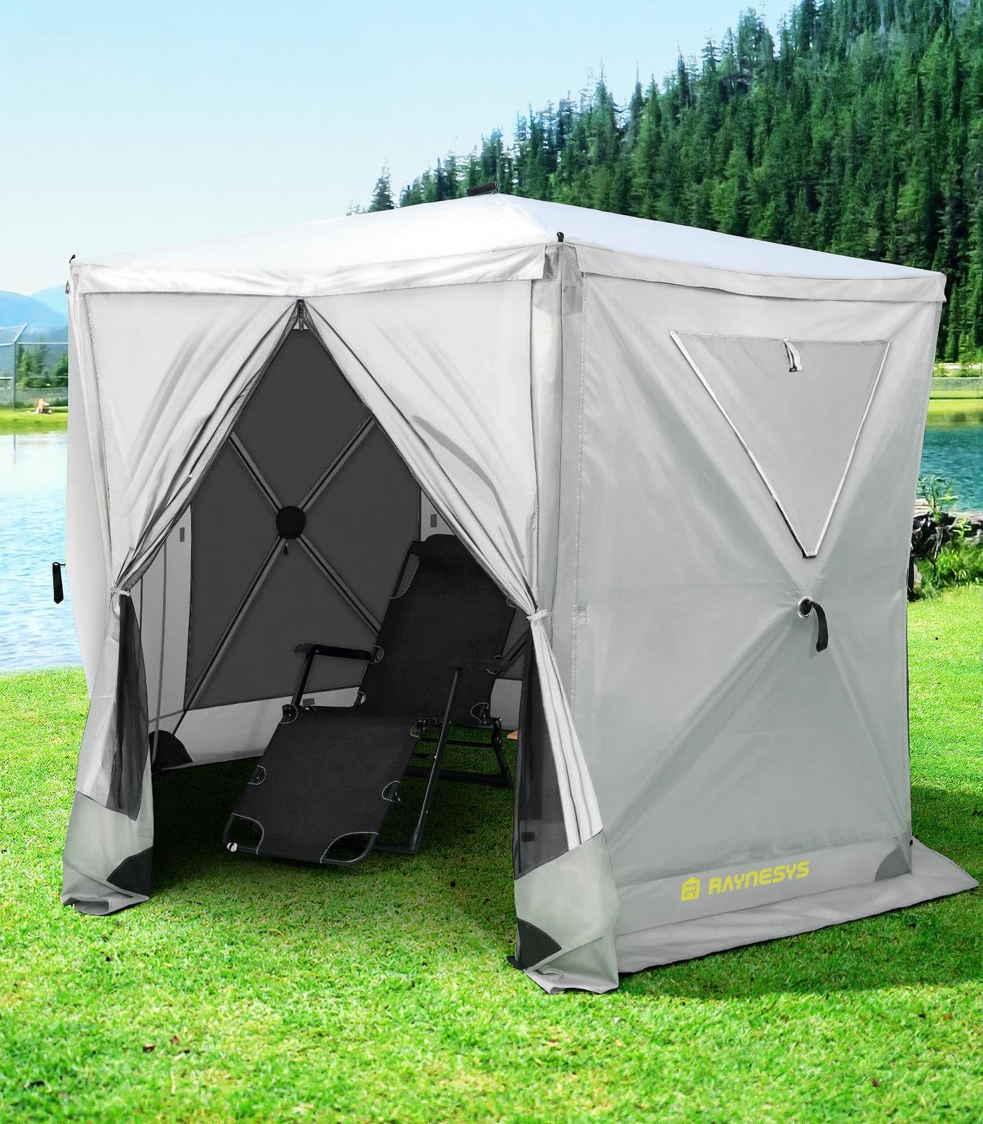 Raynesys 6 Sided Pop Up Gazebo Tent, Outdoor Gazebo with 6 Removable Wind Cloths, Pop-Up Canopy Shelter with Mesh Windows, Quick Set, 12x12 Feet Space, Camping Screen Tent for 8-12 Person Foldable