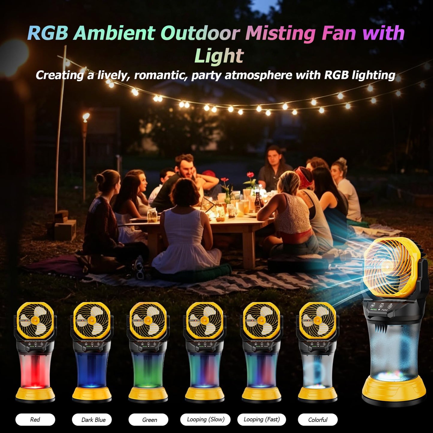 30000mAh Portable Misting Fan, Rechargeable Battery Operated Outdoor Misting Fan with 2L Bucket, 4 Speeds Spray Personal Cooling Fan with RGB Light 120° Auto Oscillating for Patio Camping Beach Garage