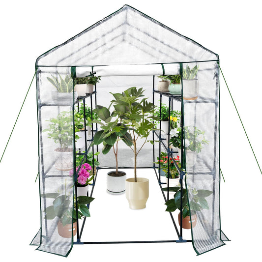 Walk in Greenhouse for Outdoors - All Season Plant House with 6 Shelves, Mesh Windows, Waterproof Cover, Roll-Up Zippered Door, 3 Tier Garden Hot House for Seedling Flowers Growing for Patio, Backyard