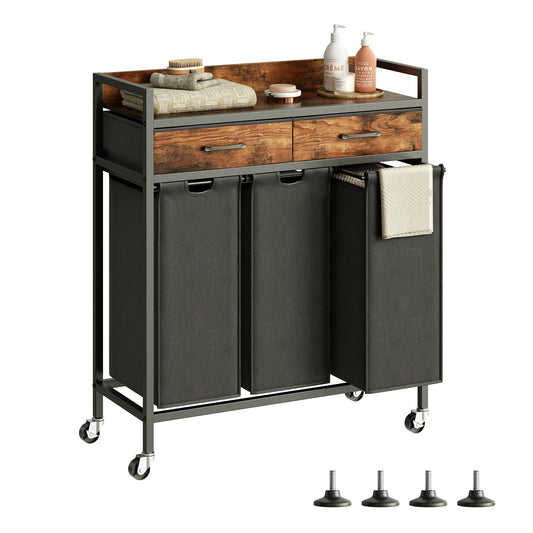 Herture Laundry Sorter 3 Section Laundry Hamper with Shelf, Durable 3 Section Laundry Basket with Rolling Wheels & Storage Drawers, 3 x 13.26 Gallons (50L), Rustic Brown PF09XLY