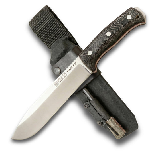 Joker Nomad 6.5 CM137-F Survival Knife, 6.5 in Böhler N695 Steel Blade, Black Micarta Handle, Kydex Sheath with Ferro Rod, Made in Spain, for trail use, shelter prep, food prep and hunting camps