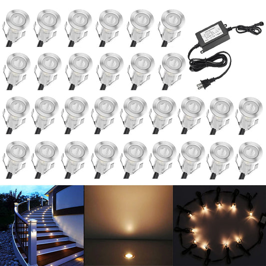 QACA 0.7" Tiny Warm White LED Deck Light Kit, Stainless Steel Waterproof Recessed Wood Decking Stairs Garden Yard Patio Decor Lamp Low Voltage Outdoor LED Lighting, Pack of 30