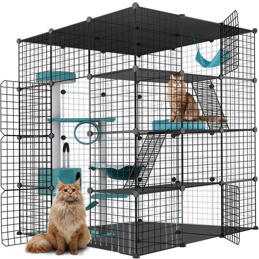 Large Cat Cage Enclosure Indoor DIY Cat Playpen Pet Home Small Animal House Detachable Metal Wire Kennels Crate Large Exercise Place Ideal for 1-4 Cat (Black, 41.3" Lx41.3 Wx55 H, 1)