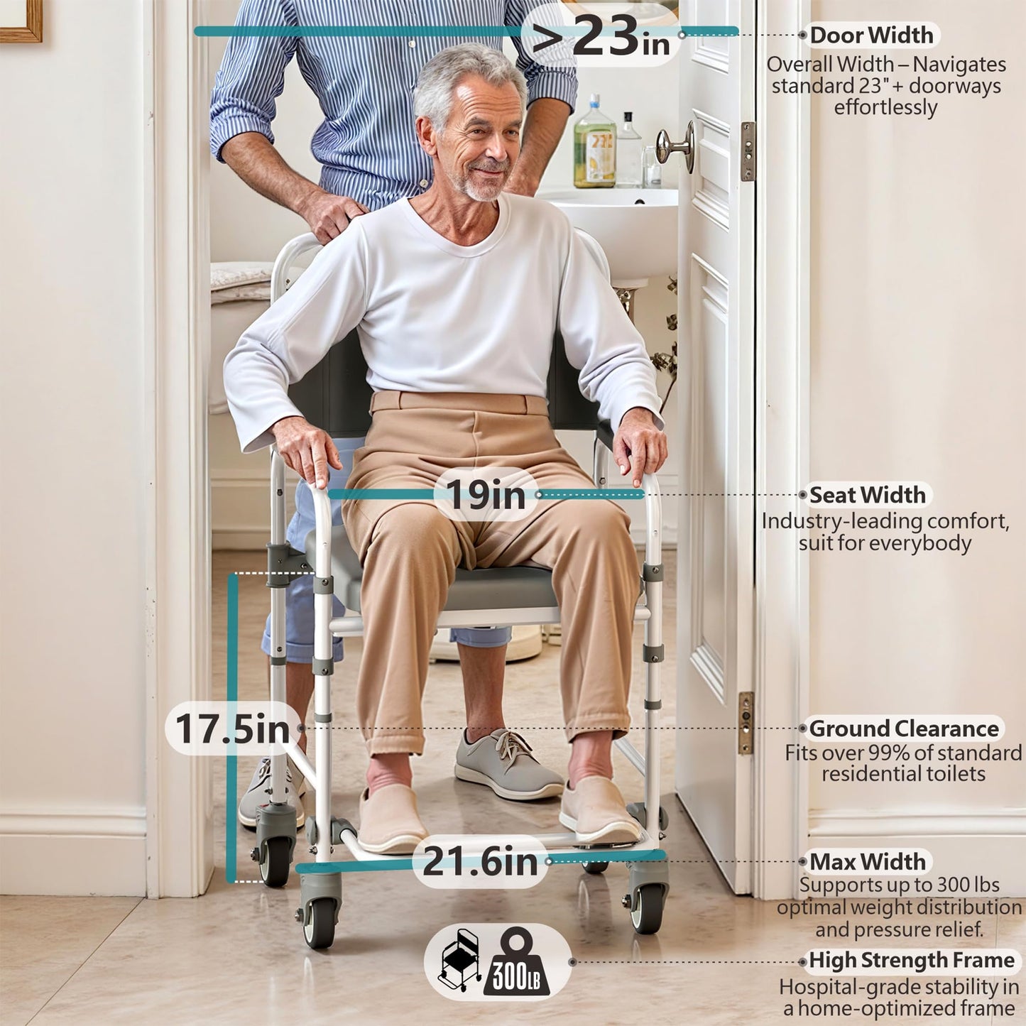 Littneo Bedside Commode with Wheels, Shower Wheelchair with 300 LBS Weight Capacity, Portable Toilet with Bucket for Elderly and Disabled