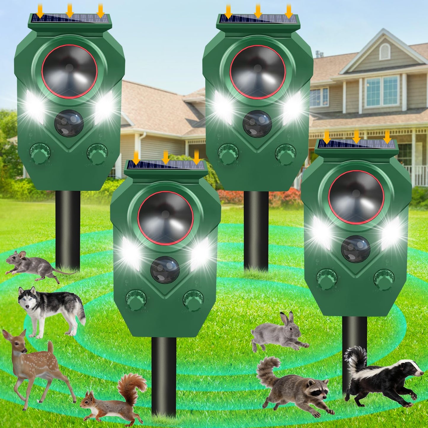 Ultrasonic Animal Repeller Outdoor,Cat Repellent & Deterrent with PIR Sensor & Flashing Light,Solar Powered Deer Repellent Device for Squirrels,Raccoons,Skunks,Rabbits,and Dog,IP65 Waterproof - 4 Pack