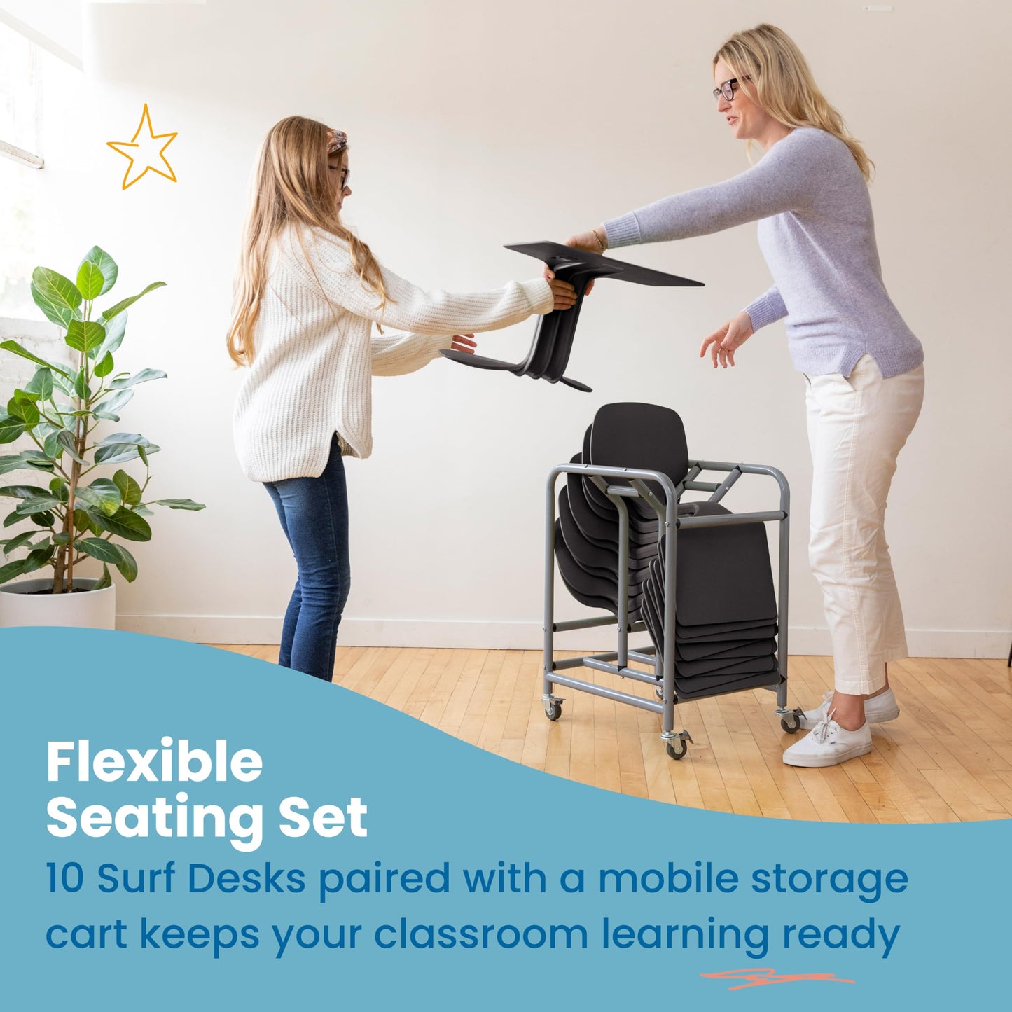 ECR4Kids The Surf Portable Lap Desk with Storage Cart, Flexible Seating, Black, 10-Pack