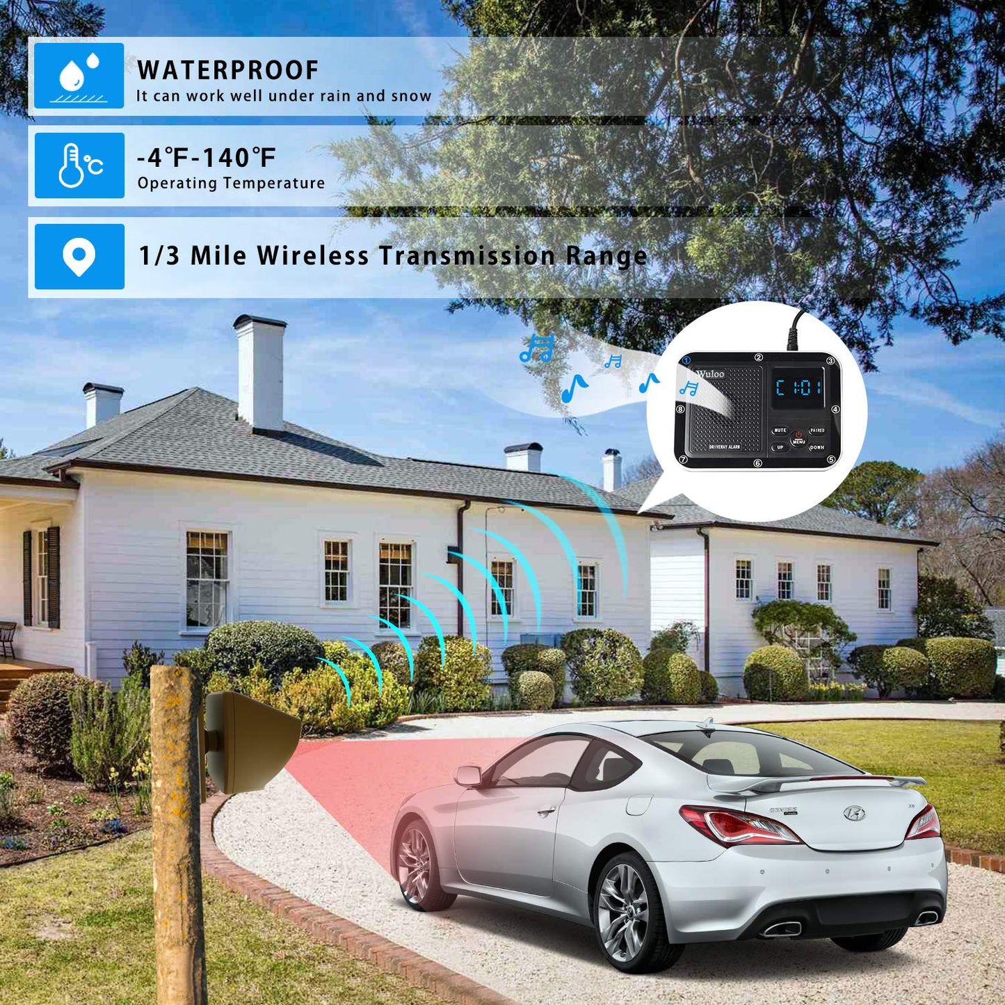 Wireless Driveway Alarm 1800 Feet Long Range Motion Sensor Alert System Driveway Detector for Home with 1800mAh Rechargeable Battery (1&3-Brown)
