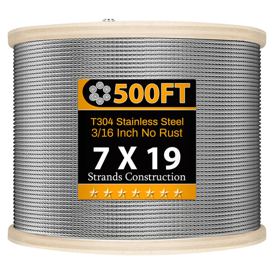 Thickened 3/16" Stainless Steel Cable, 500FT Wire Rope,7X19 Strands Aircraft Cable, 4000lbs Breaking Strength for Pulling, Lifting, Deck Cable Railing System, Zip Line, Line Lights and DIY Balustrade