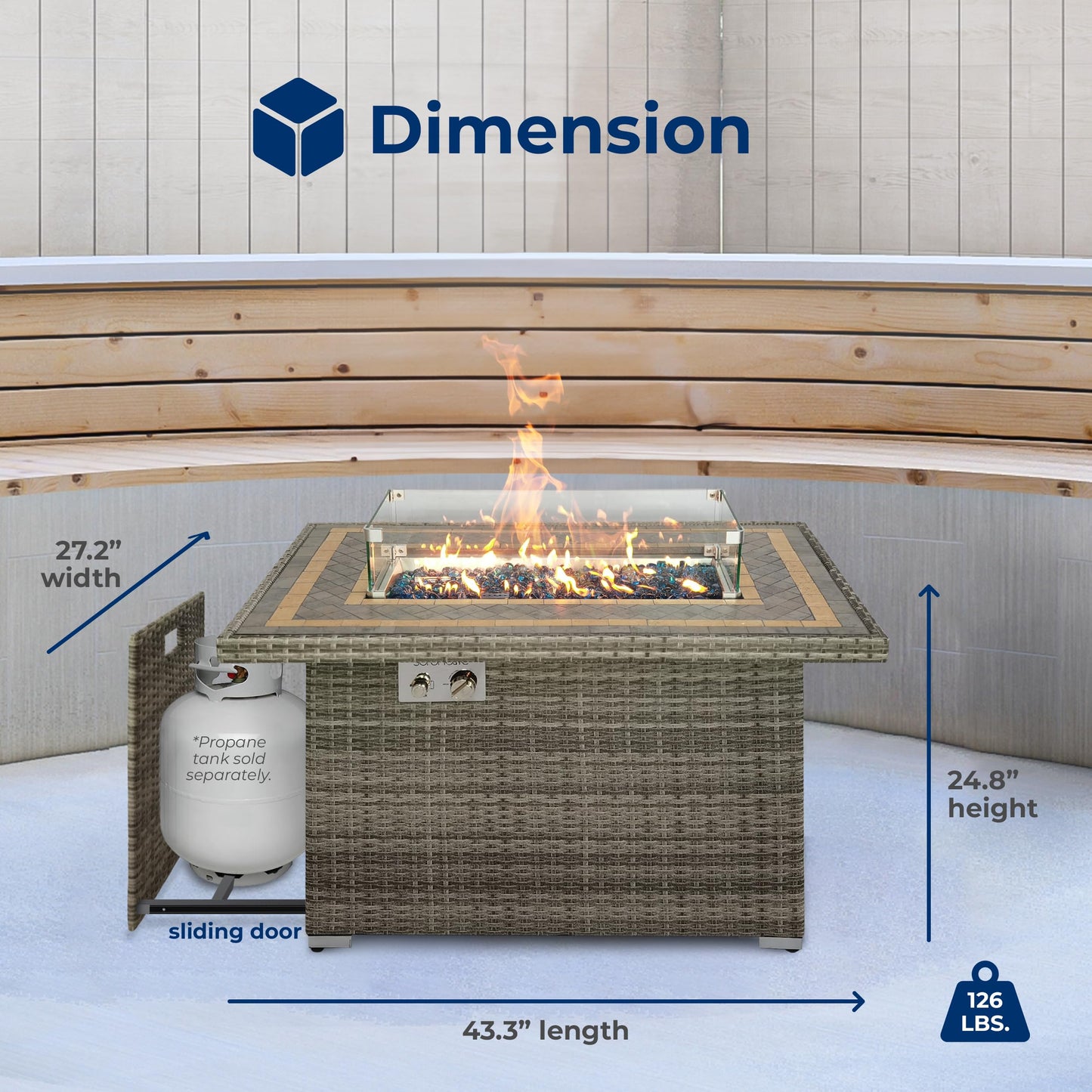 SereneLife Sturdy Wicker Base Propane Fire Pit Table with Tile Top, Patio Heater & Propane Heater, Sliding Door, Stainless Steel Burner, Tempered Glass Wind Guard, 50000 BTU, Weather Resistant