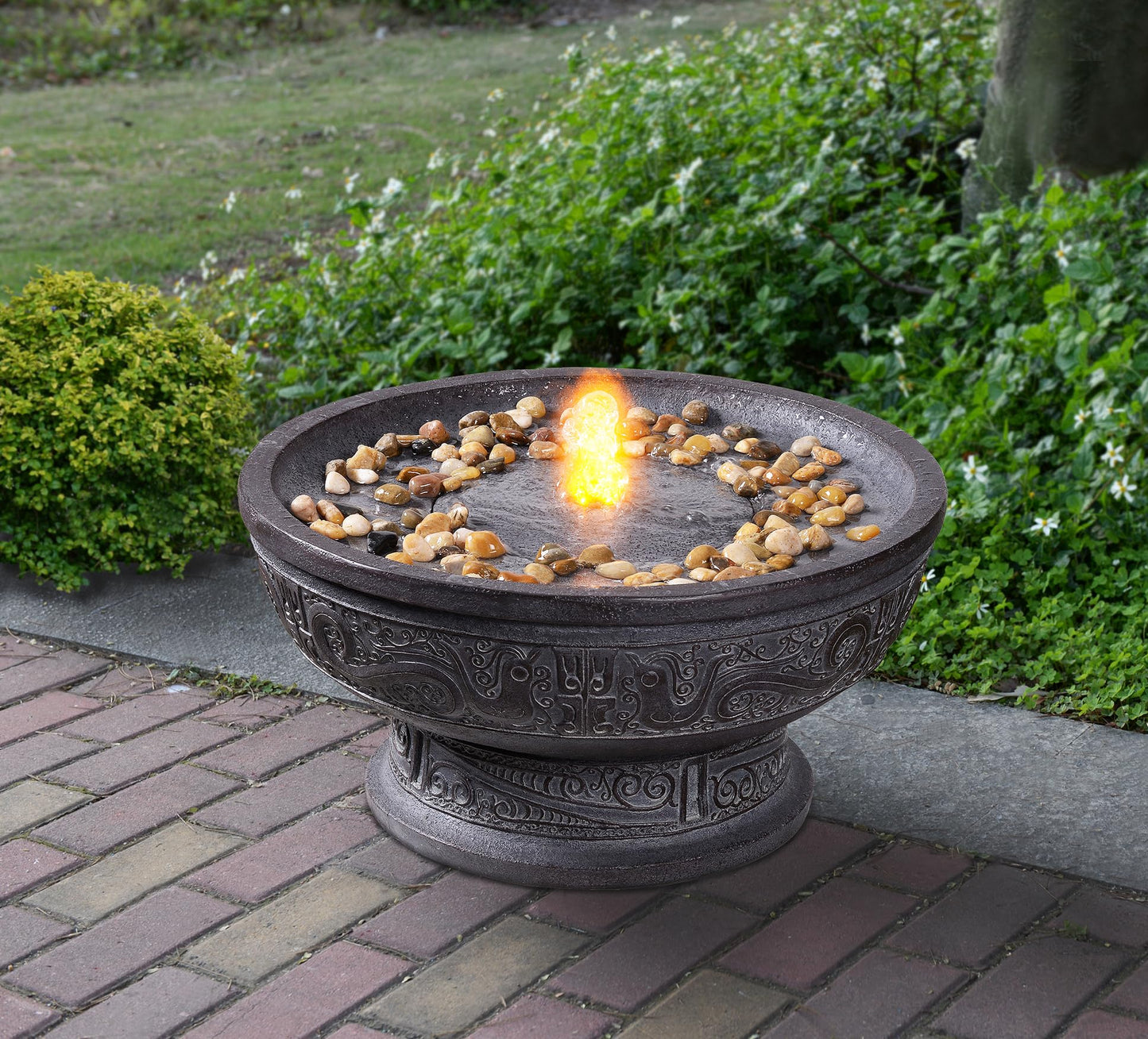 GOSSI Outdoor Water Fountain with Led Light Decorative Pedestal Bowl Design with River Stones Home Decoration, Modern Garden Fountain for Patio Decor