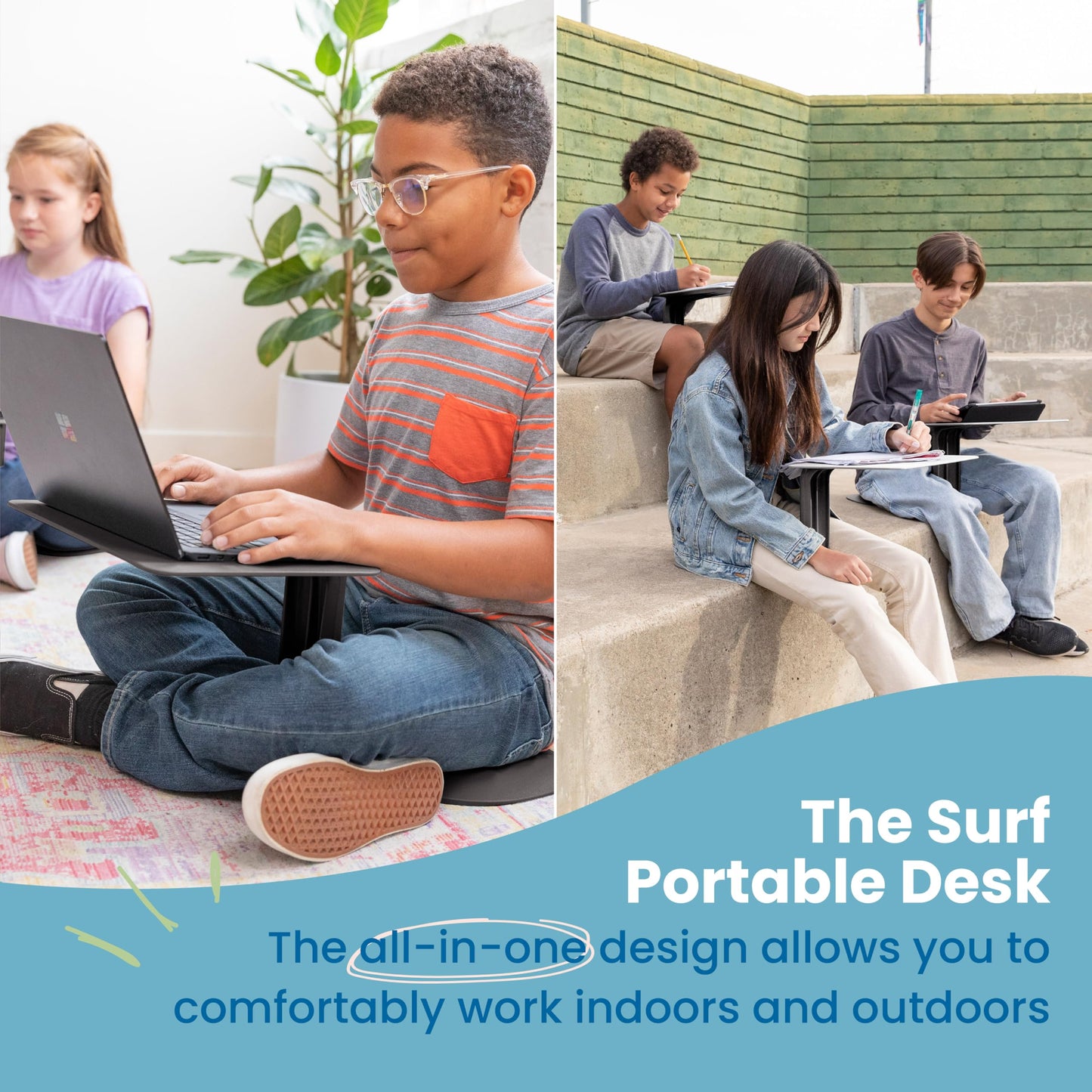 ECR4Kids The Surf Portable Lap Desk with Storage Cart, Flexible Seating, Black, 10-Pack