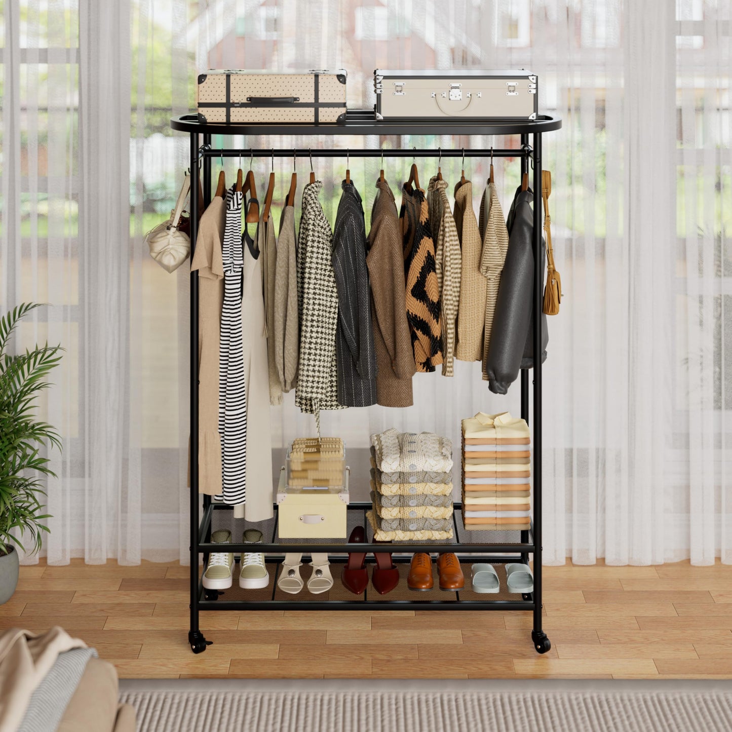 Clothes Rack with Cover, Heavy Duty Portable Closet for Hanging Clothes, Rolling Clothing Closet, Garment Rack with Wheels&Side Hooks, Closet Organizers and Storage with Black Cover, Max Load 380LBS