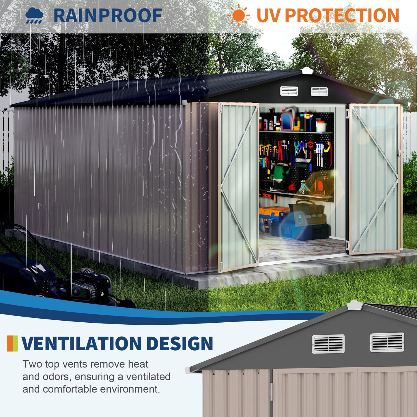 Heavy-Duty 10x14 FT Metal Garden Shed with Air Vent & Lockable Door, Outdoor Storage Shed for Yard, Patio, Lawn, Rust-Resistant Utility Shed, All-Season Use