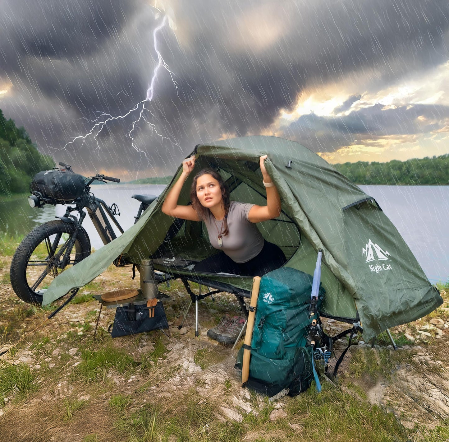 Night Cat Camping Cot Tent - Waterproof 1-Person Off-Ground Combo Cot Bed for Adults Portable Easy Set-up Tent Green 31.5'' Width