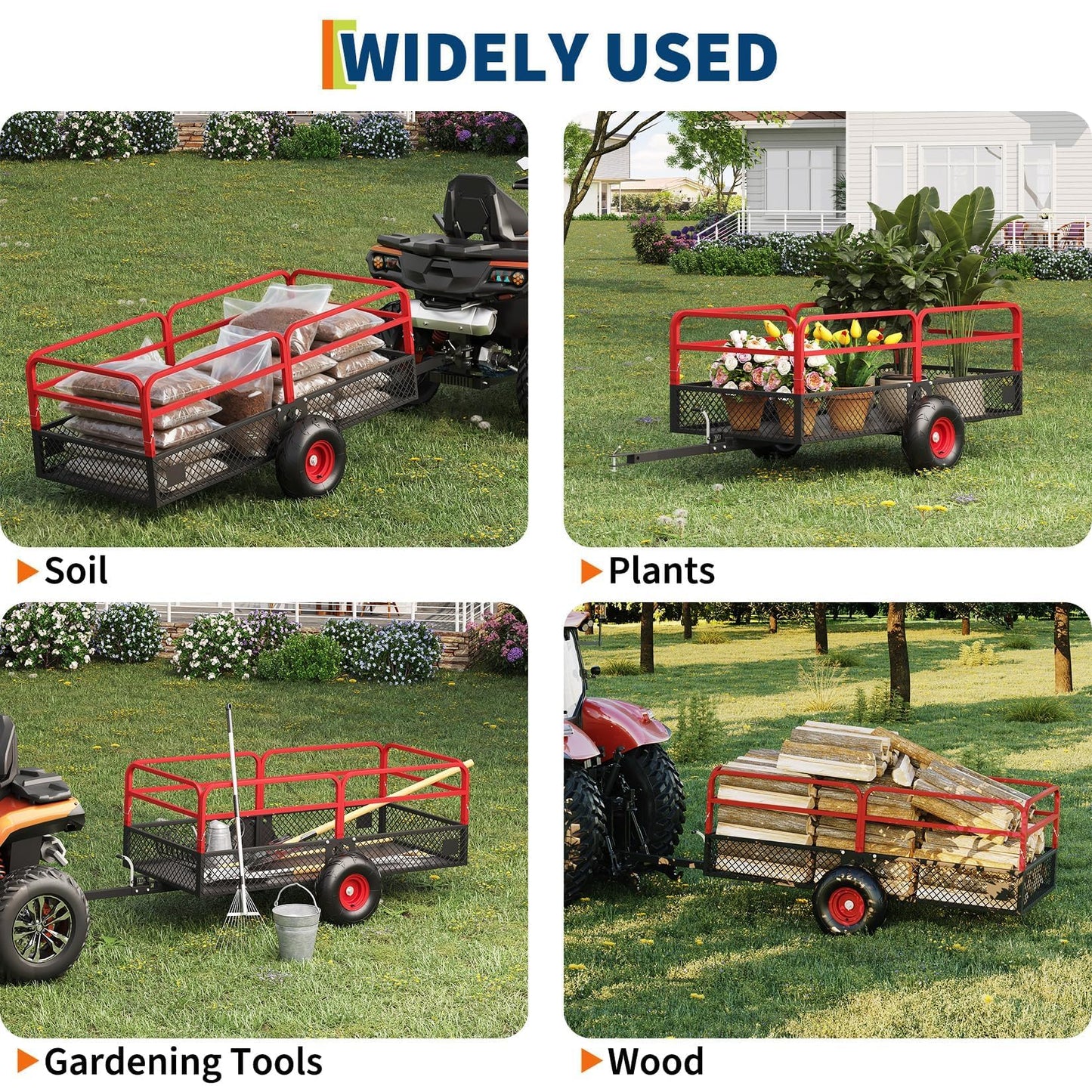 22 Cu.Ft 1600Lbs Steel ATV UTV Trailer, Tow Behind Dump Cart, Heavy Duty Pull Behind with Removable Sides & All Terrain Tires, Pull Behind Utility Dump Trailer for, Garden, Lawn Mower Tractor