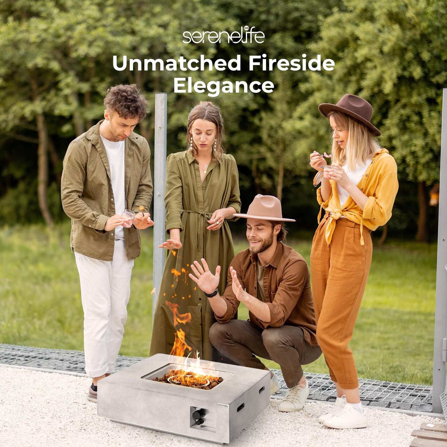 SereneLife Propane Fire Pit Table, 40,000 BTU Outdoor Square Gas Fire Pit with Cover, Weather-Resistant Metal, Adjustable Flame, Lava Rock Set, Ideal for Patio, Backyard & Terrace (30” x 30” x 11”)