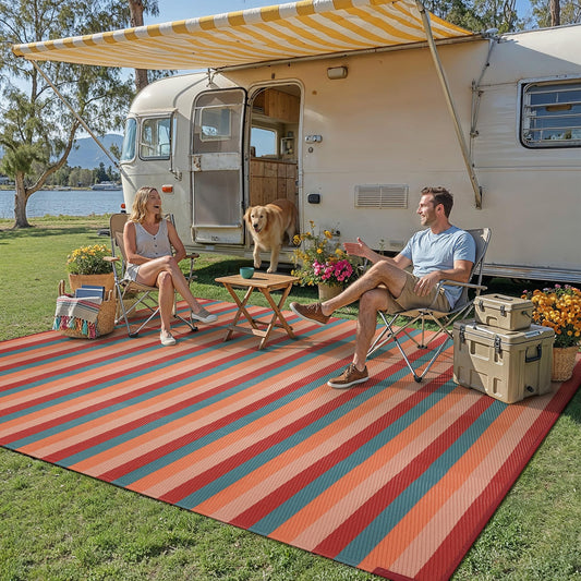 PureCozy Outdoor Waterproof Patio Rug 10x14 Plastic Straw Reversible Outside Orange Red Colorful Striped Carpet Lightweight Large Rug for Camping RV Porch Deck Balcony Beach